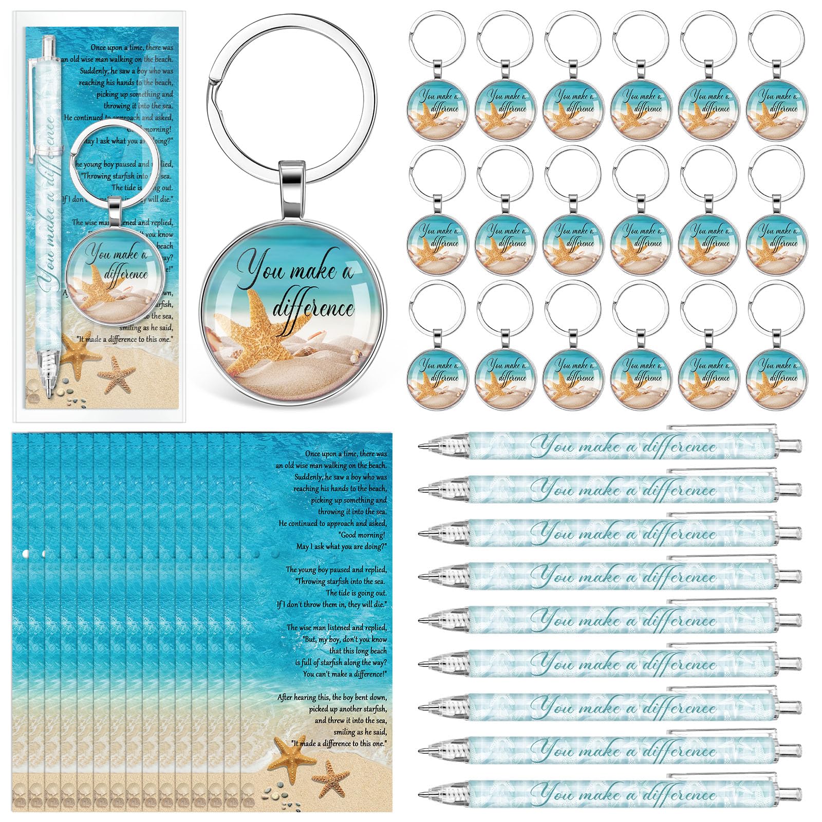 60 Pcs Starfish Story Gifts Bulk You Make a Difference Ballpoint Pens Starfish Keychains Valentines Exchange Gifts with Cards for Employee