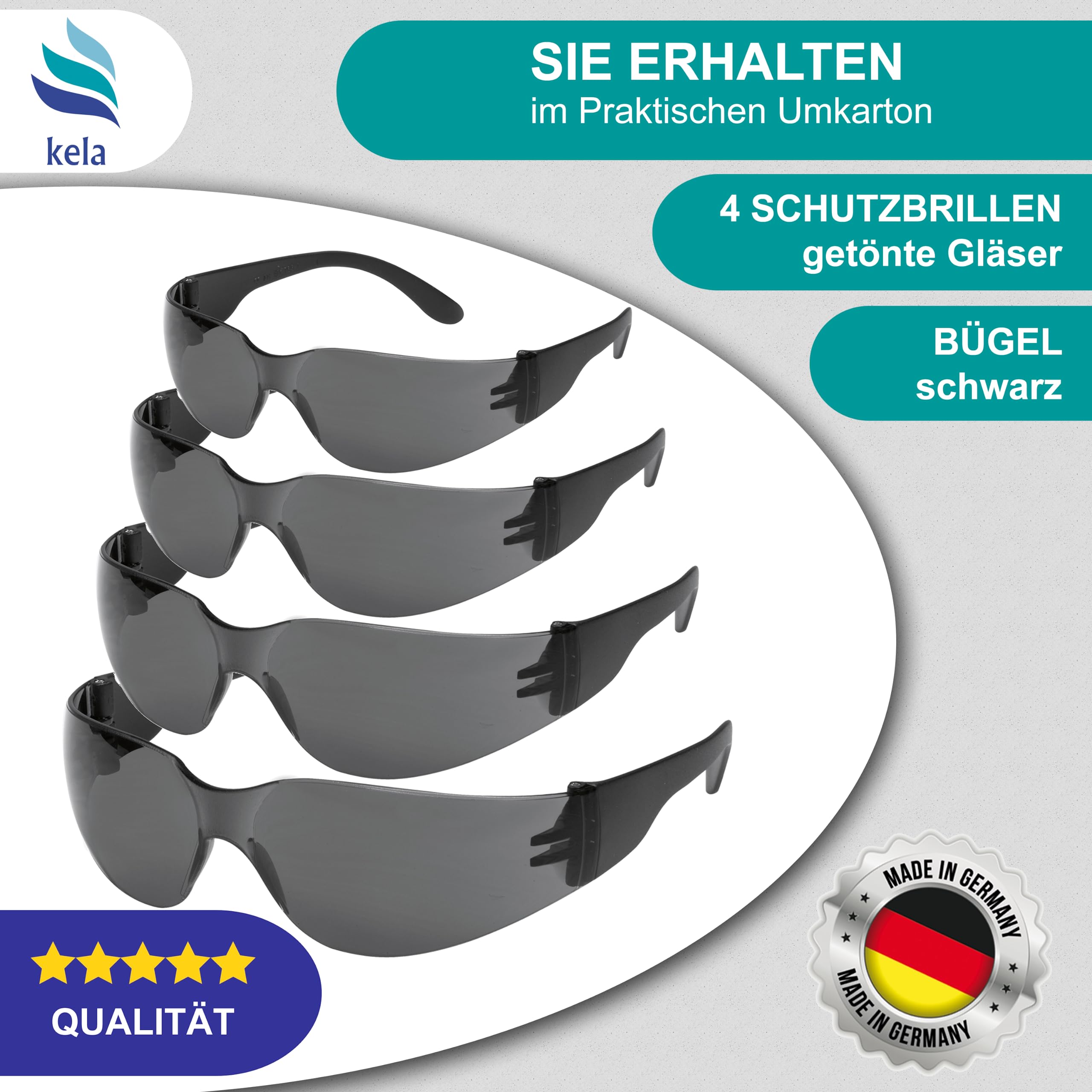 kela 4er Pack Schutzbrille CHAMPION I 100% Made in Germany | getönt splitterfrei kratzfeste Arbeitsschutzbrille mit Anti Fog und UV-Beschichtung I Sportbrille