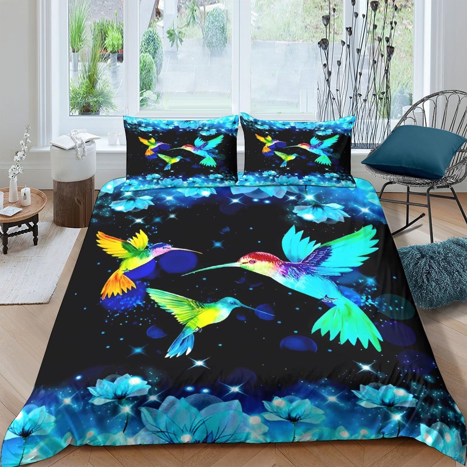 Ctjqhvkz Style-4 3D Printed Hummingbird Fitted Sheet Microfiber Soft Blue Floral Bed Cover For Bedroom Guest Room Mattress Protection Decor Single（135X200cm）