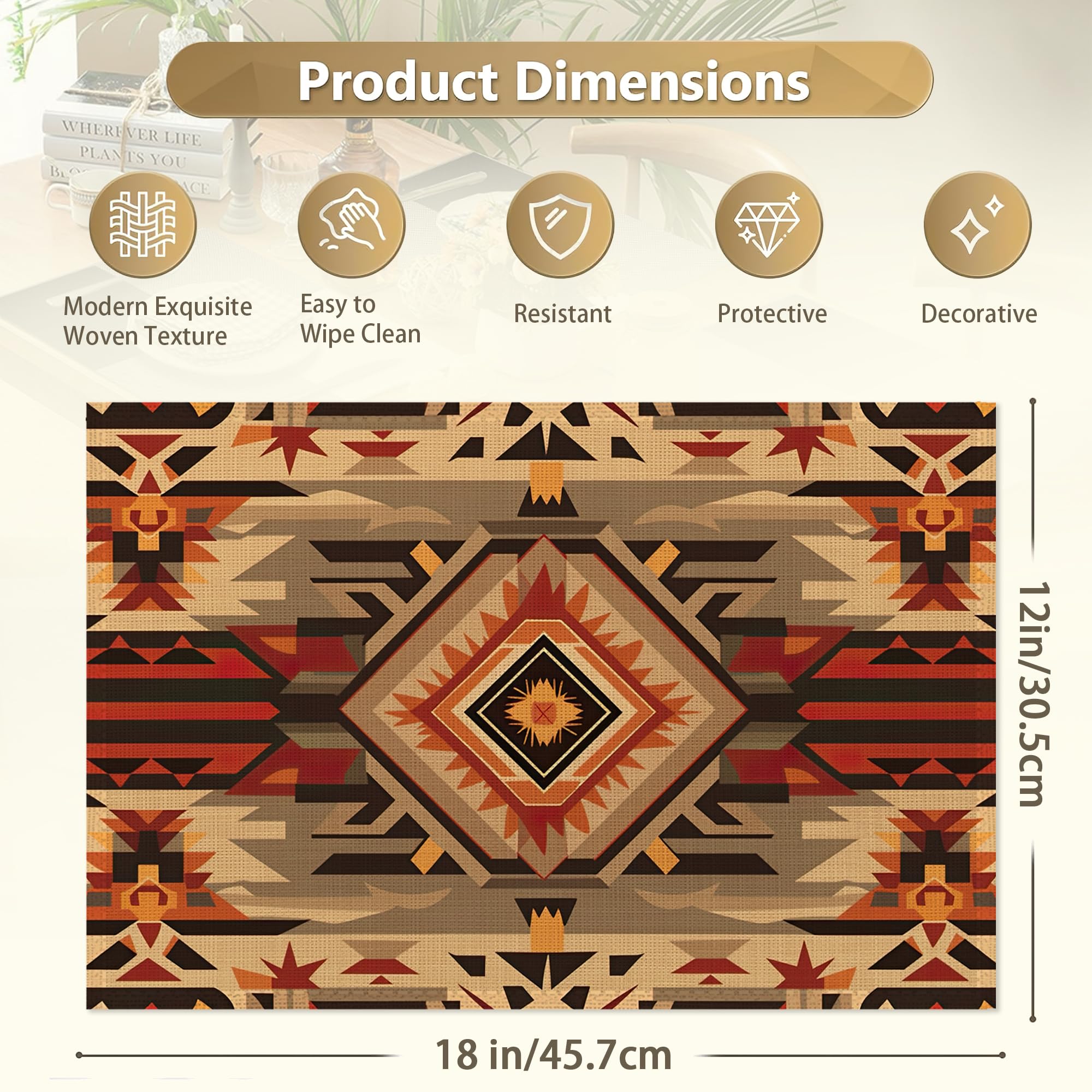 Juego de 6 manteles individuales lavables con estampado suroeste, antideslizantes, resistentes al calor, 12 x 18 pulgadas de grosor, decorativos, geométricos, de lino, para mesa de comedor y