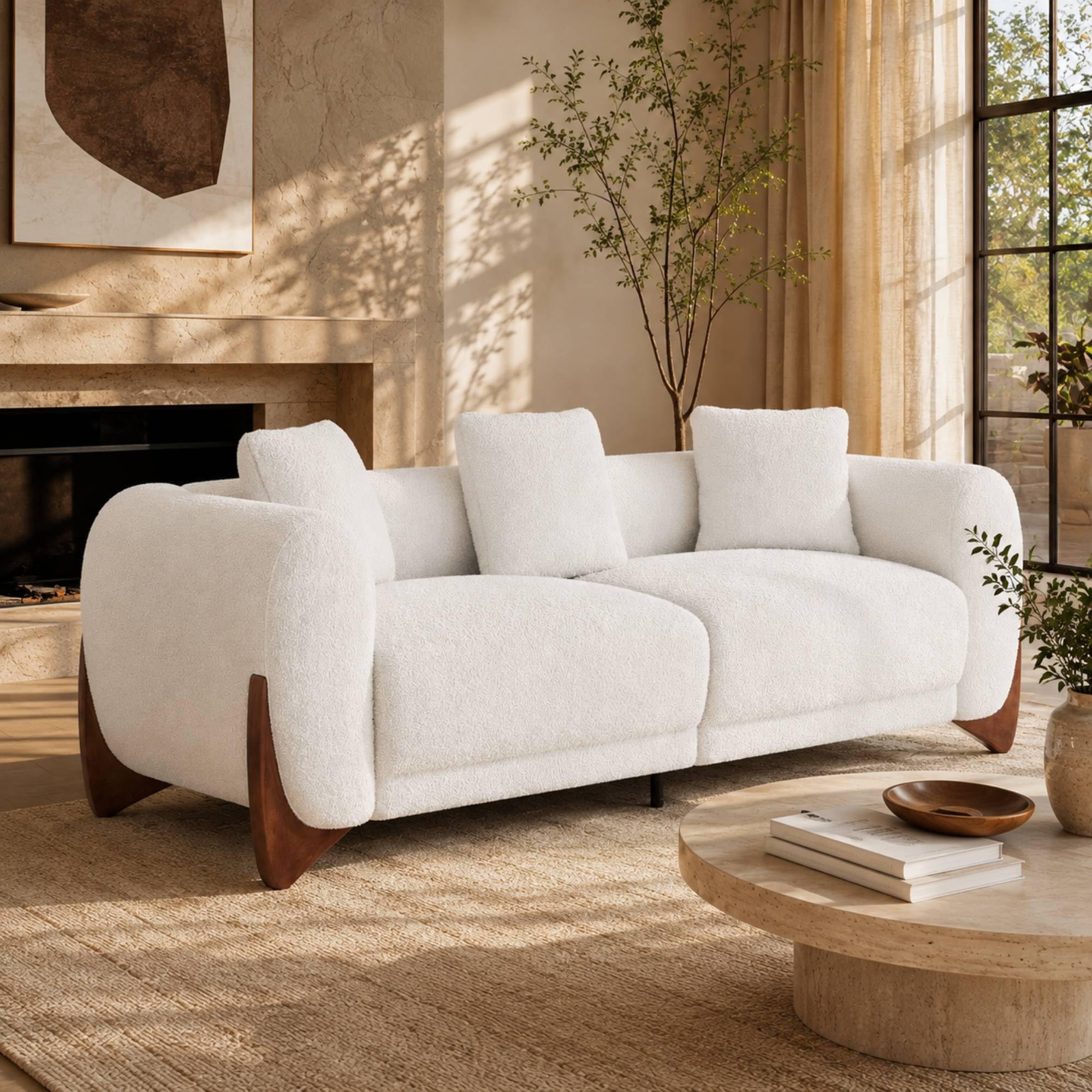 Morden Fort Modern Cloud Sofa Couch - 3 Seater Sherpa Boucle Sofas with Wood Legs, Ultra-Thick High Resilience Cushion with 3 Pillows Upholstered Comfy Couch Sofa for Living Room - Off White 87'' Global Recycled Standard Global Recycled Standard Global Recycled Standard