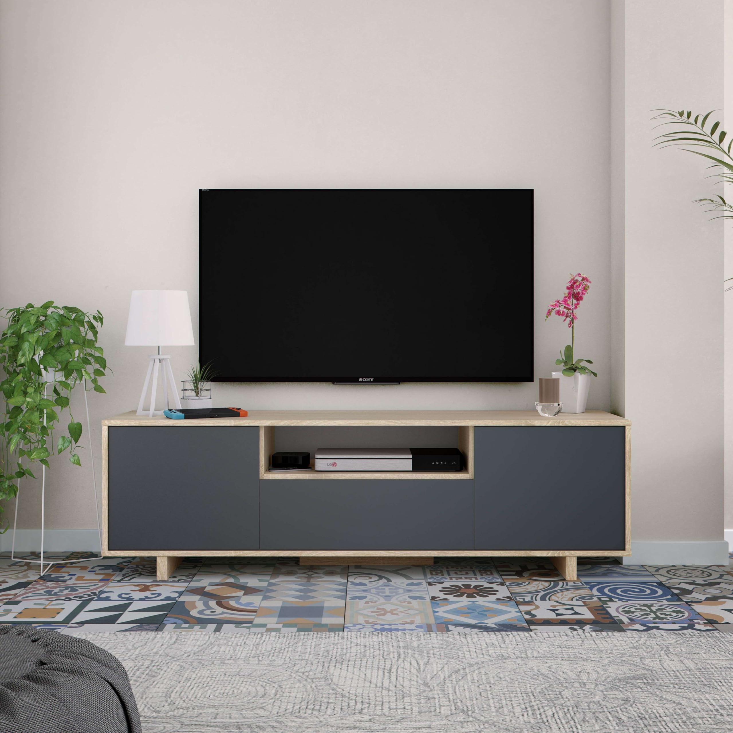 Habitdesign Modèle Zaira Meuble TV, finition chêne canadien et gris anthracite, dimensions : 150 x 46 x 41 cm (l x H x P).