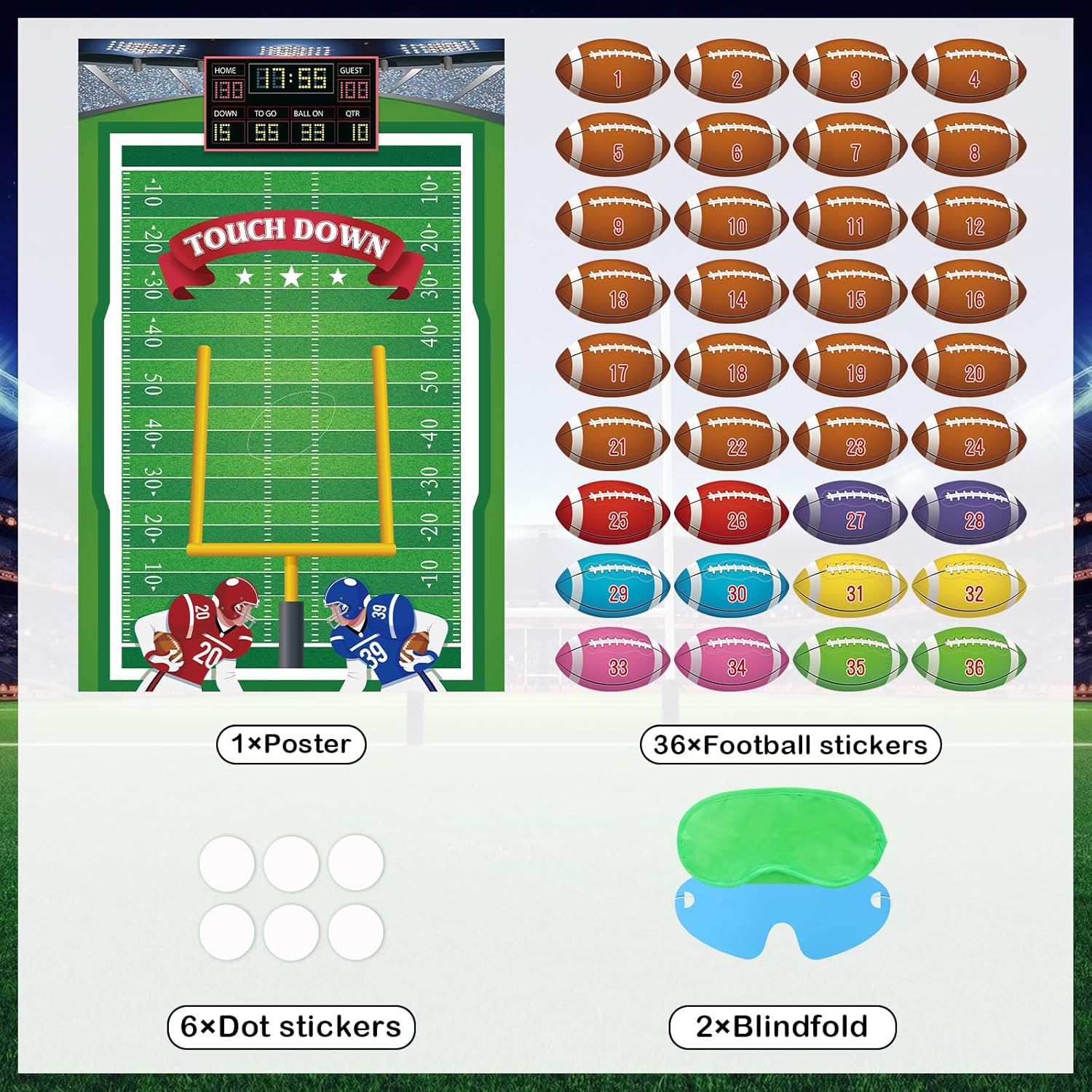 Hxezoc Pin The Football On The Goalpost Game With 36 Pcs Football Stickers, Large Football Party Games Poster for Kids Birthday Party, Carnival Party Decoration Supplies