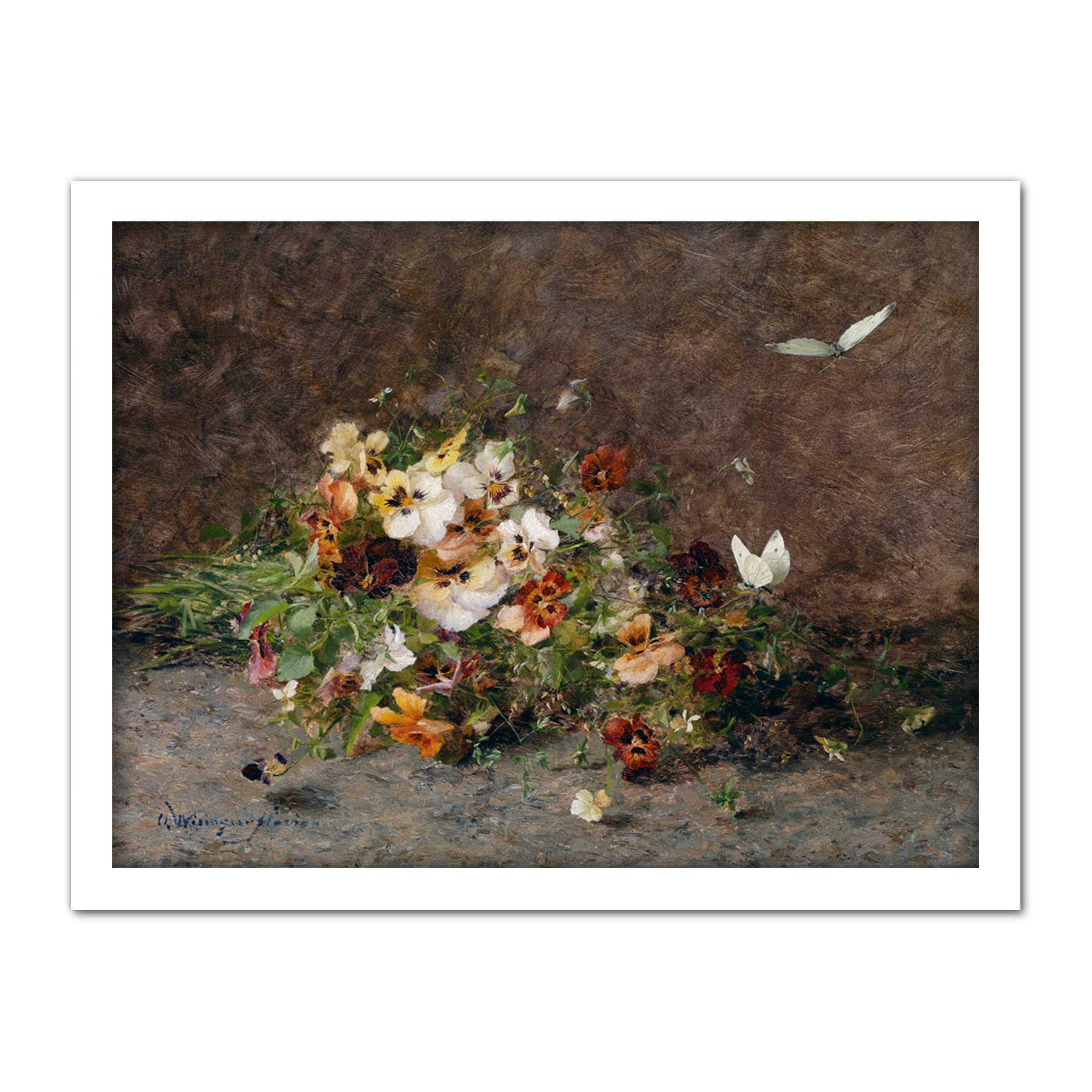 Artery8 Florian Pansies Butterflies Flowers Painting Artwork Framed Wall Art Print 18X24 Inch