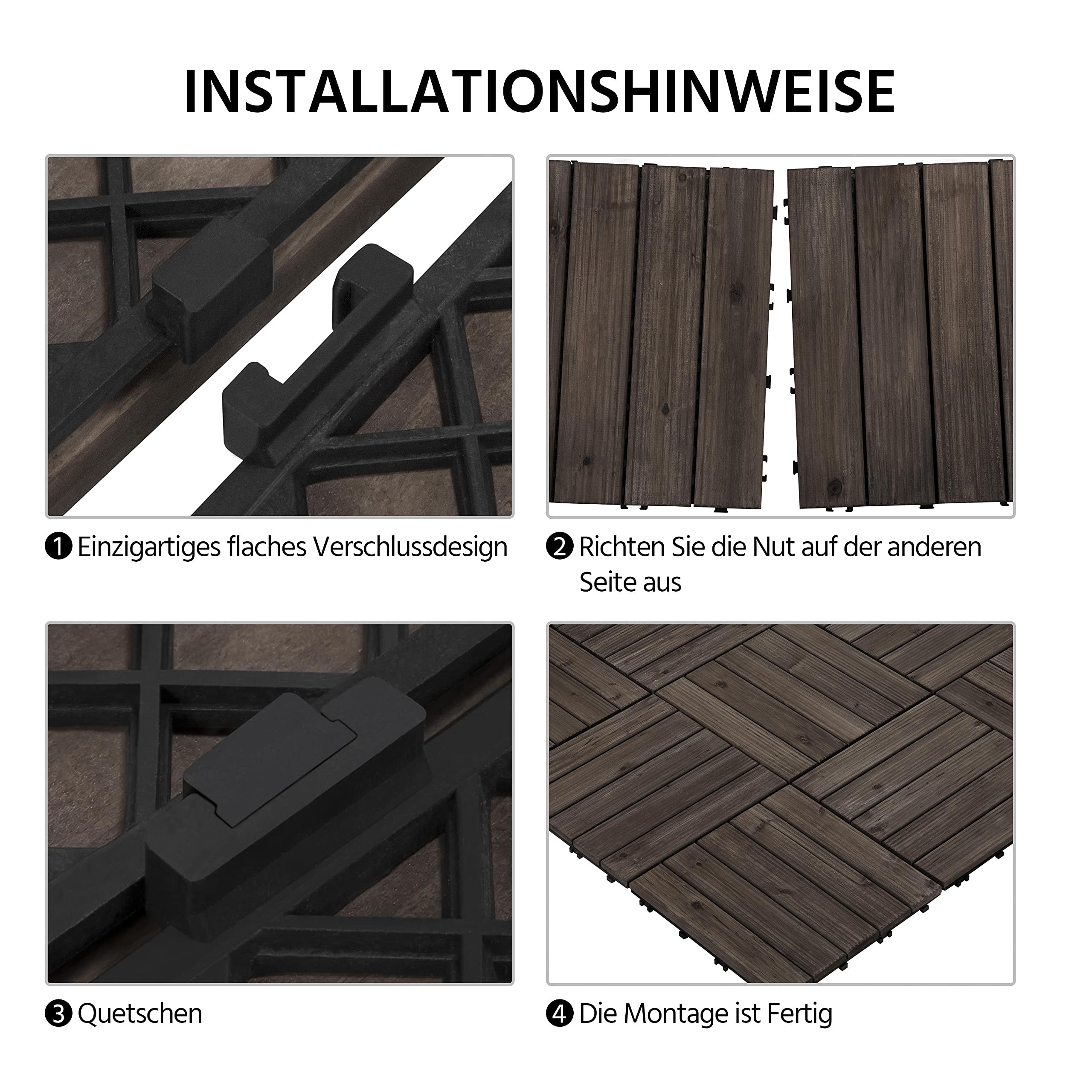 Yaheetech Houten tegels, 30 x 30 cm, outdoor en binnen, vloerbedekking balkon met drainagesysteem, balkontegels, 27 stuks tegelset, ca. 2,6 m², massief hout B-zwart