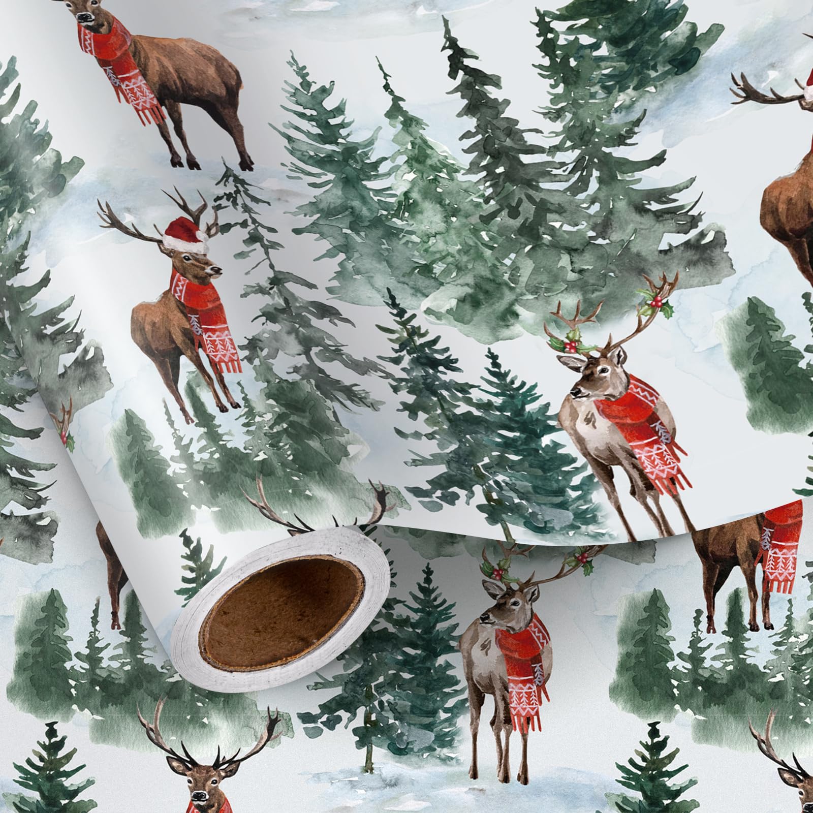 LeZakaa Christmas Wrapping Paper Roll, Snowy Forest Deer with Scarf, Cozy Winter Scene for Holiday Parties, Friends, Family, Mini Roll 17 in x 16.4 Ft โ image 1