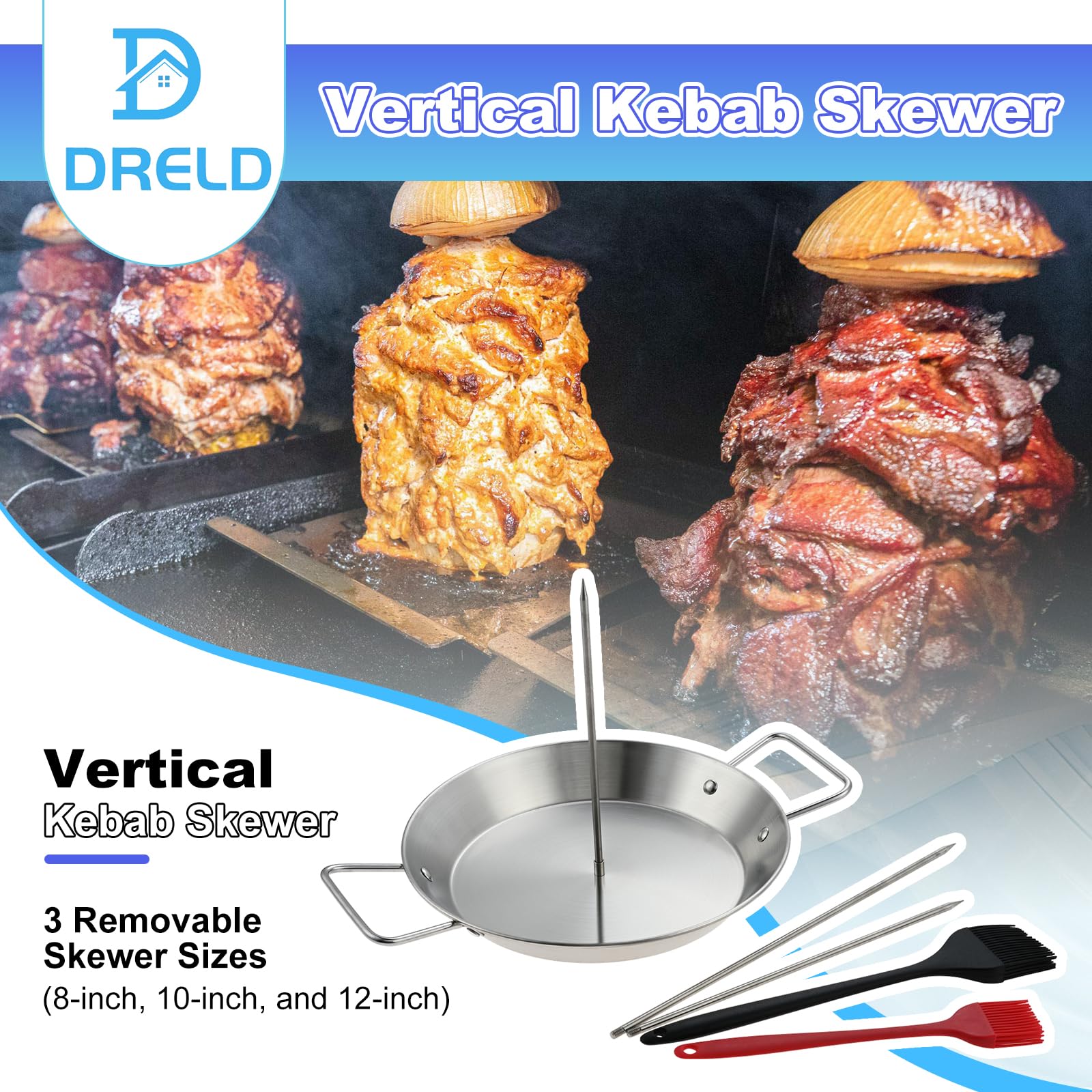 DRELD Pionowy szaszłyk, 3 rozmiary, odpinamy rożen, grill, rożen mięsny, stal nierdzewna, rondel z dużą tacką do odsączania dla brojlera, średniego kurczaka, steku, kebaba, shawarmy, kebaba, gyrosa