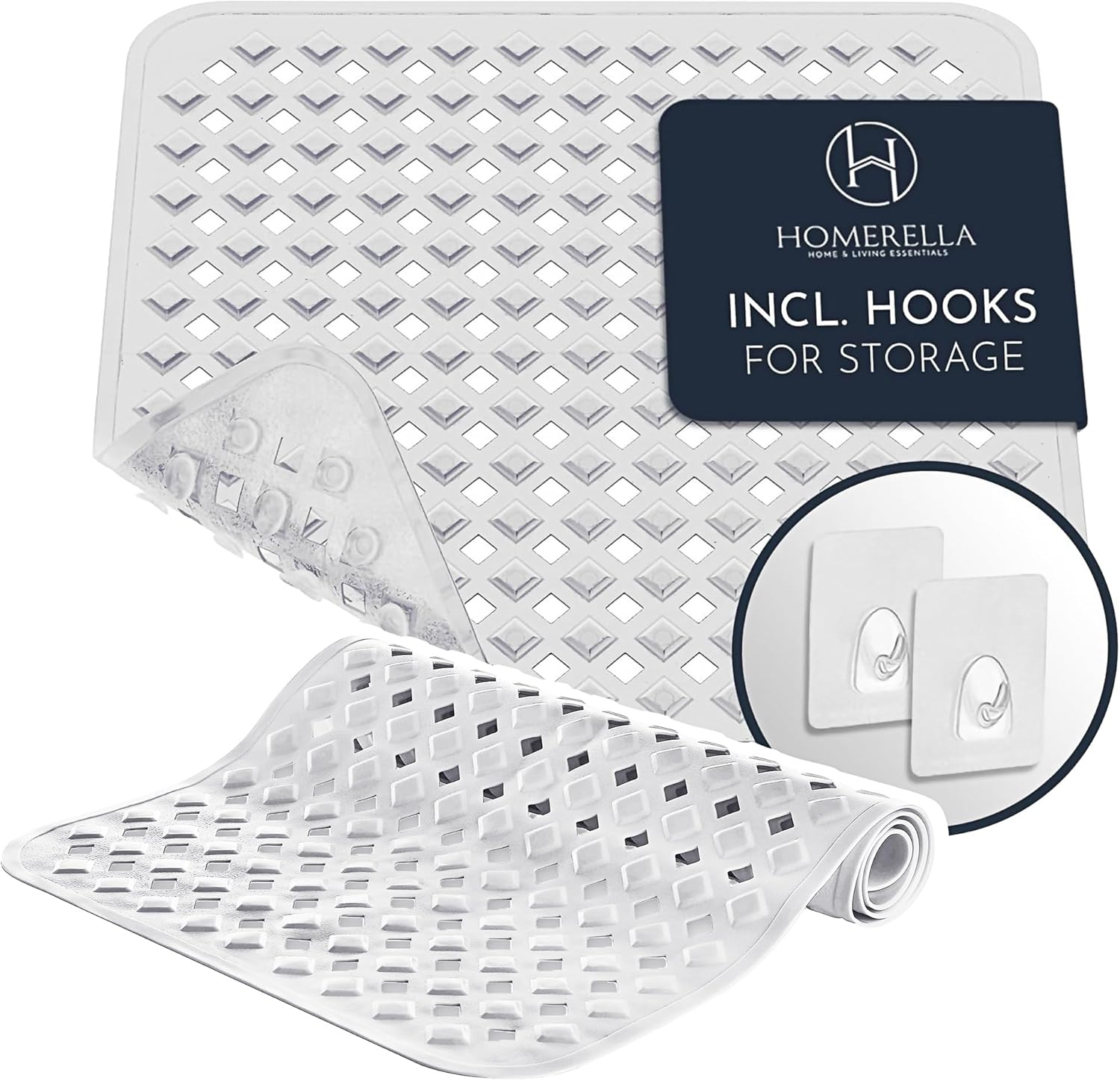 Homerella 1pc 34.5 x 15.5 inches Anti-Slip Bathtub Mat and 1pc 21 x 21 inches Non Slip Shower Mat, Machine Washable, INCL. Hooks for Hanging (White)