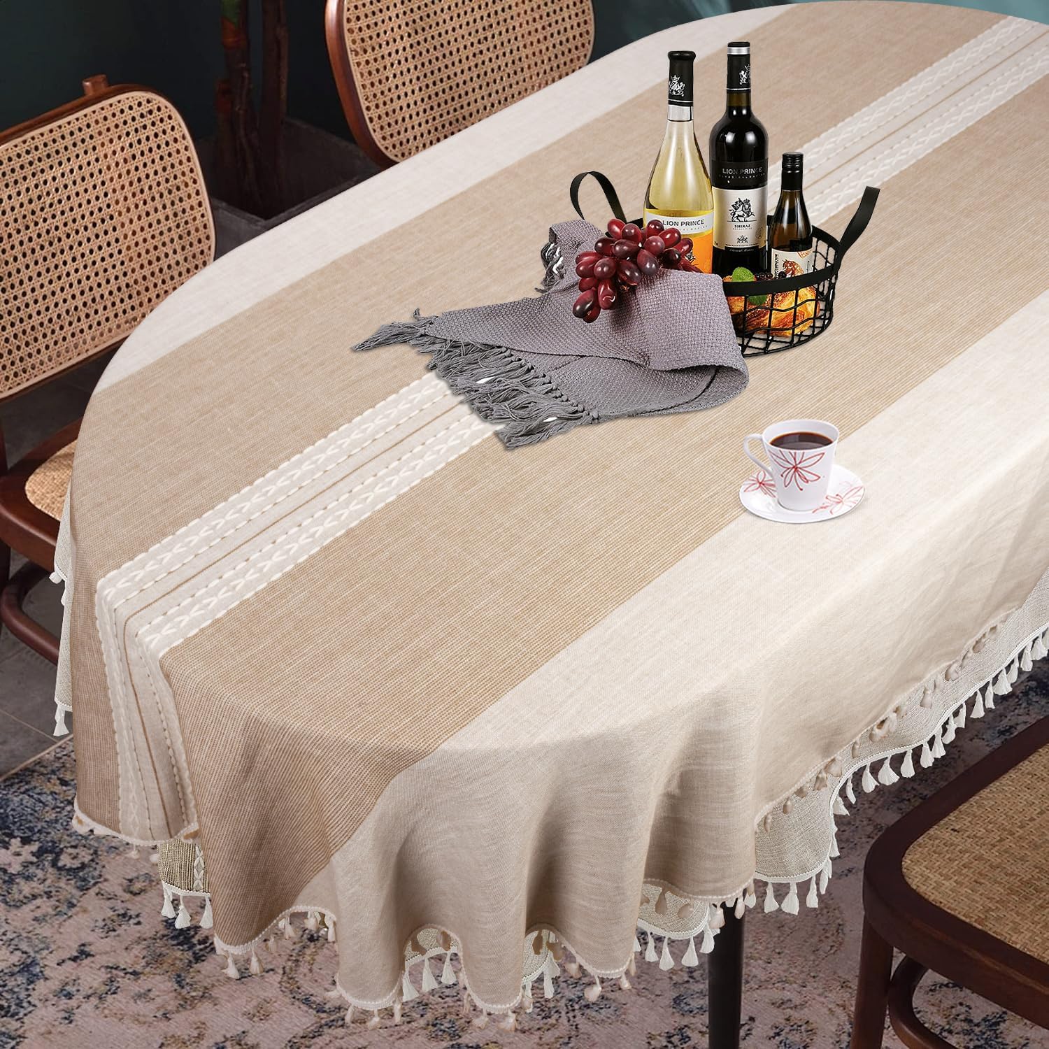 Brown Color Embroidery Oval Tablecloth with Tassels for Oval Table, 60 x 84Inch Lace