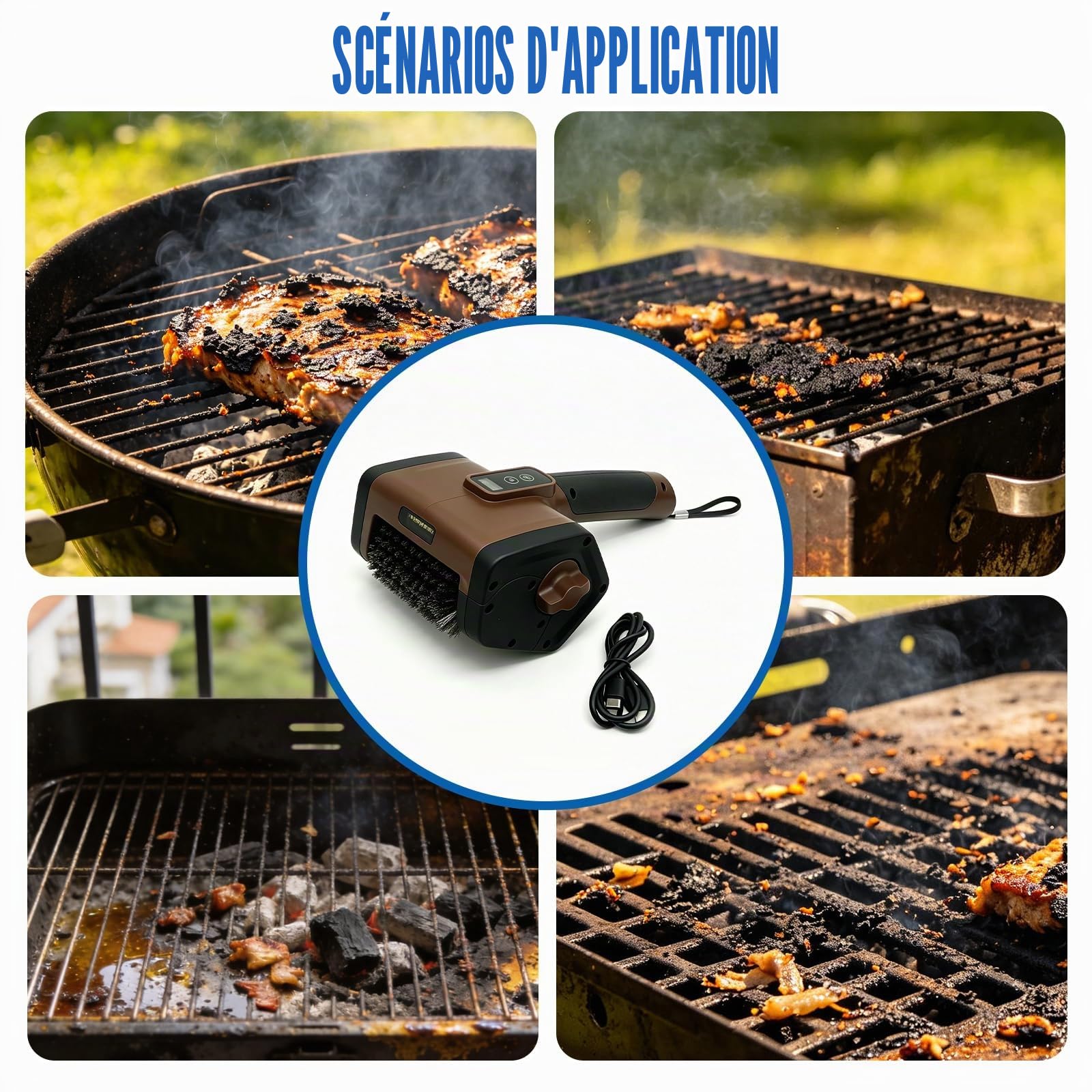Brosse de barbecue électrique sans fil avec lumière LED et indicateur de batterie, brosse de nettoyage électrique, rechargeable à 800 tr/min, tête de brosse amovible pour grilles de barbecue et