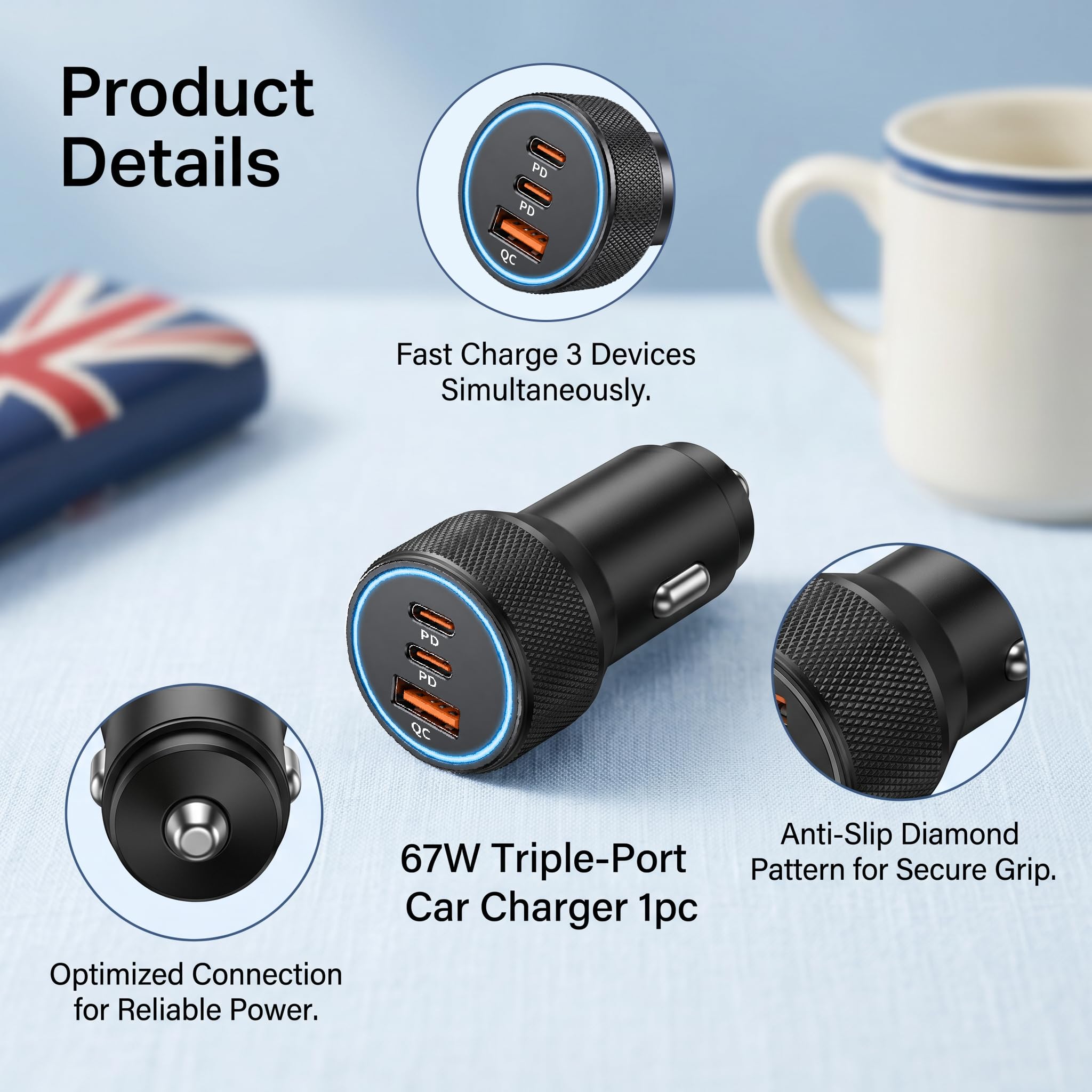 3 Port USB C KFZ Ladegerät, USB C PD Auto Adapter 67W mit PD 30W y QC3.0 USB A, 12V/24V Auto Ladeadapter für iPhone 17/17e/16/15/14/13, Samsung Galaxy S26/S25/S24, iPad, Pixel, Xiaomi, Wohnmobil