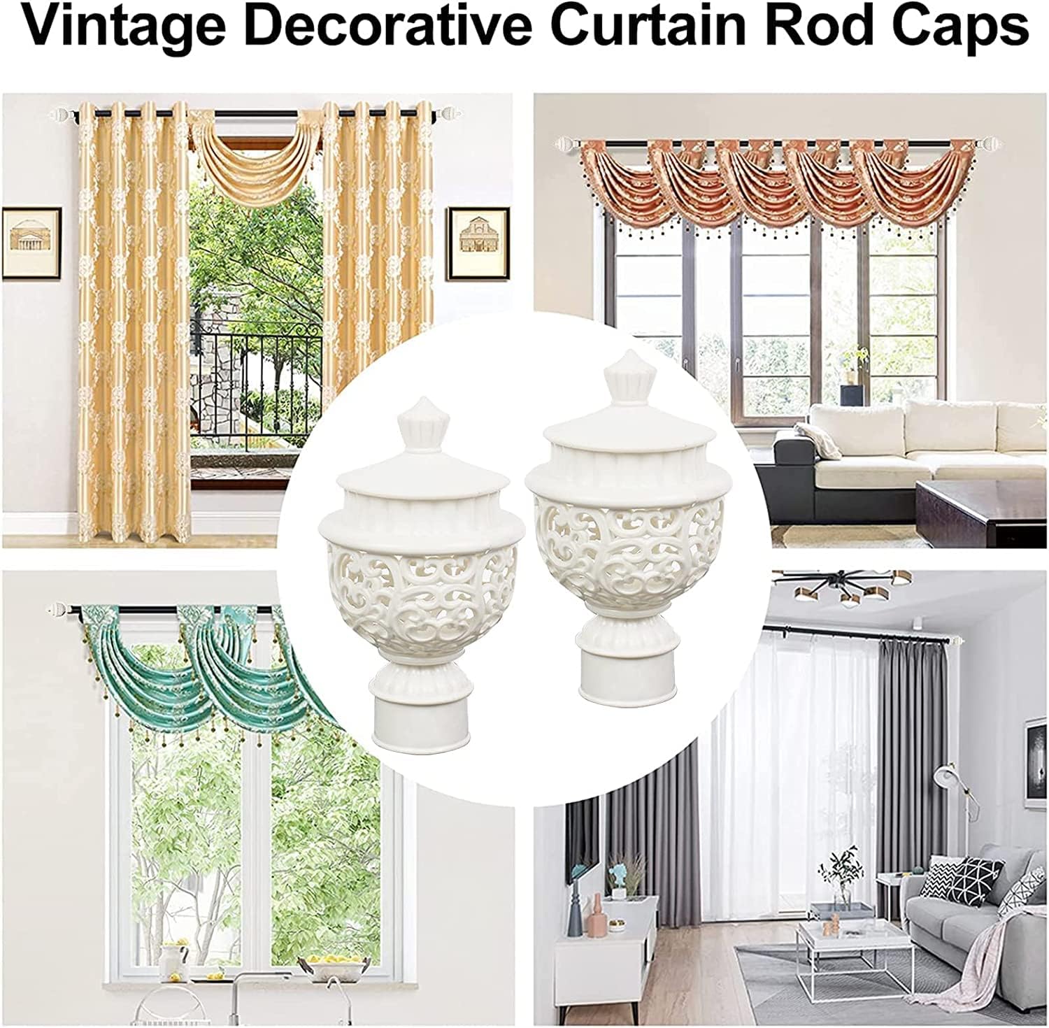 4Pcs Curtain Rod Cap Finials Hollow Style Plastic Vintage for 1inch Dia Rod White Window Treatments Decoration