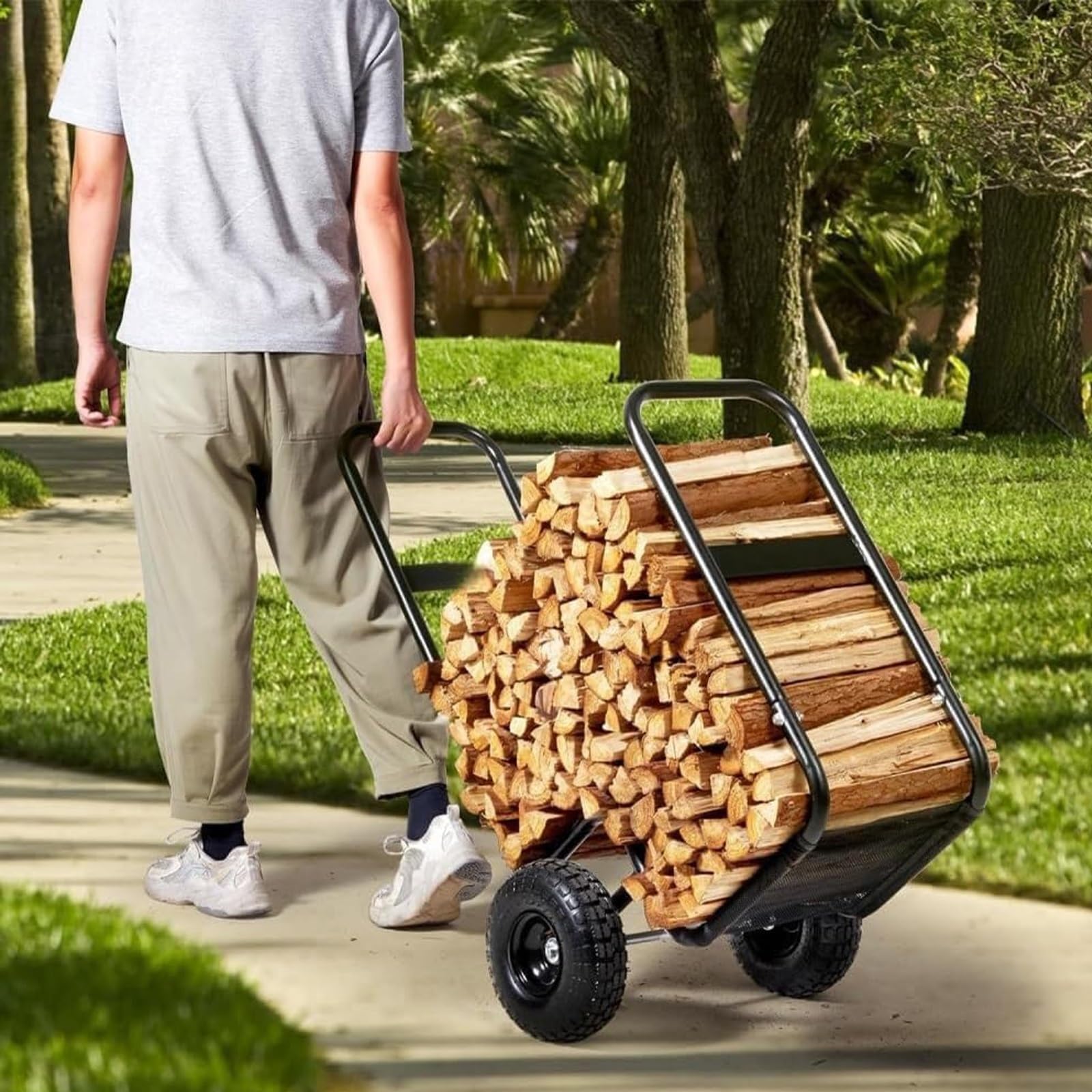 Wózek na Drewno Opałowe na Kółkach, Kuty Żelazny Stojak na Drewno, Wózek Kominkowy, Nośność 100 kg, do Użytku Wewnątrz i na Zewnątrz, Przy Kominkach