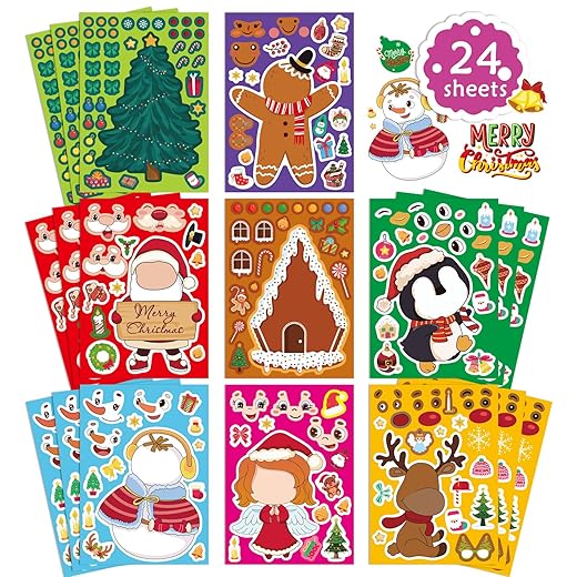 24 Sheets Christmas Stickers for Kids Make Your Own Christmas Characters Mix and Match Sticker, Make a Face Stickers Christmas Gift Stickers for Crafts Xmas Holiday Stickers Christmas Party Favor