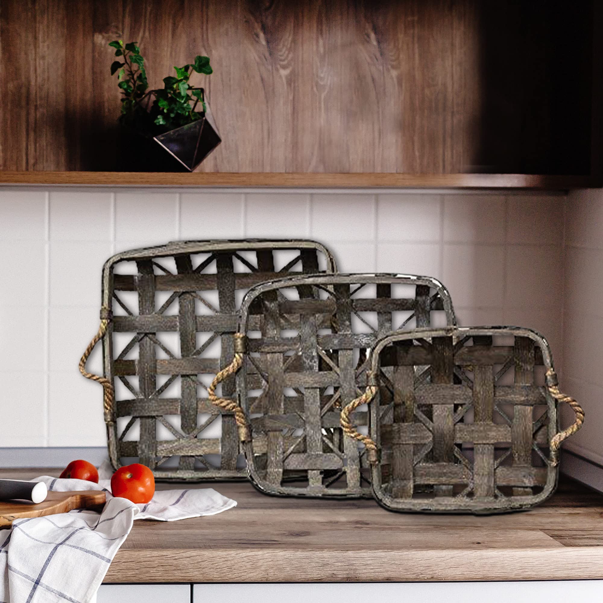 tobacco basket Amazon.com - CWI Square Tobacco Basket with Metal Straps - Small, Medium,  and Large Hanging Basket for Wall Storage and Decorations - 3