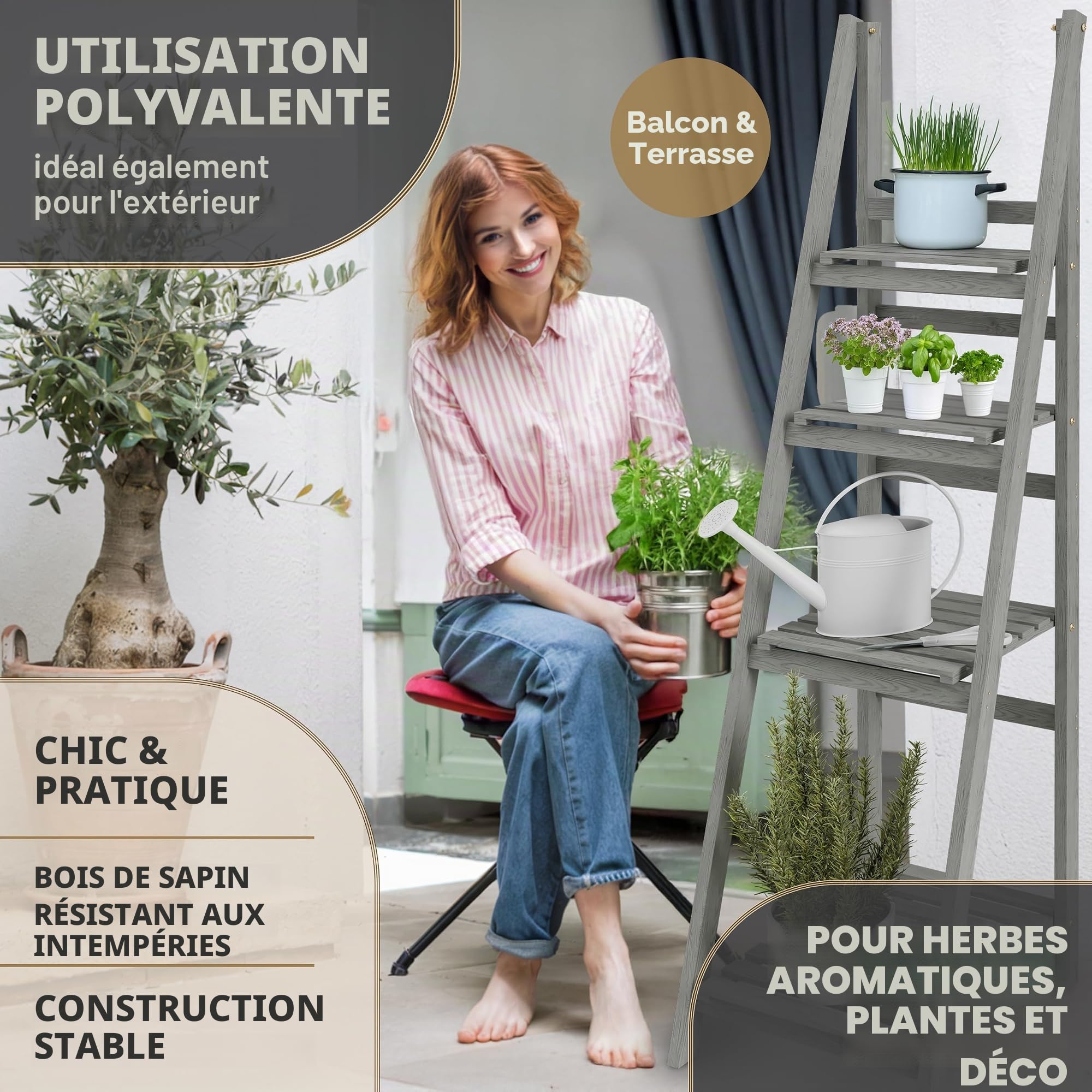 Échelle à fleurs L 160 x 41 x 50 cm Gris clair – Étagère en bois naturel à 4 niveaux Étagère à fleurs Étagère à plantes Étagère à herbes pour l'intérieur et l'extérieur Balcon Terrasse