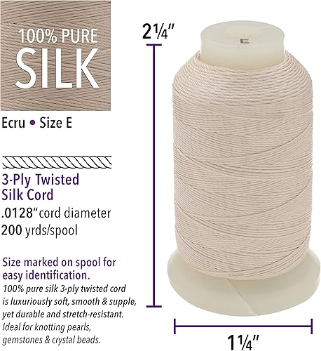 Miniatura 3 de The Beadsmith Cordón de seda pura  Crudo, tamaño E (0.325 mm0.0128"), 200 yardas (600 pies), carrete de 12 onza