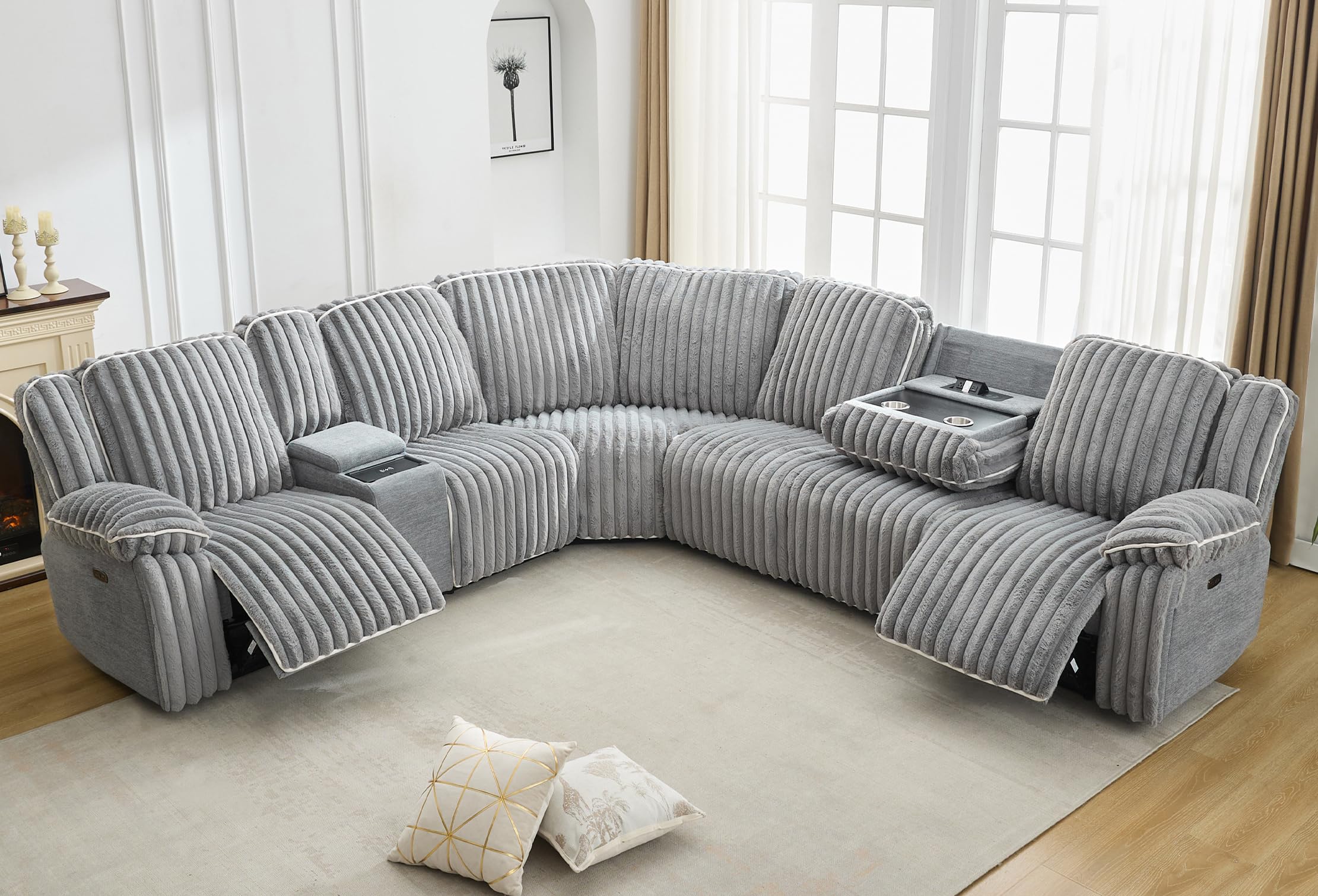 Power Electric Reclining Sectional Sofa with Wireless Charger for Living Room, Plush Faux Fur Sectional Couch with Recliner, 6 Seaters Comfy Recliner