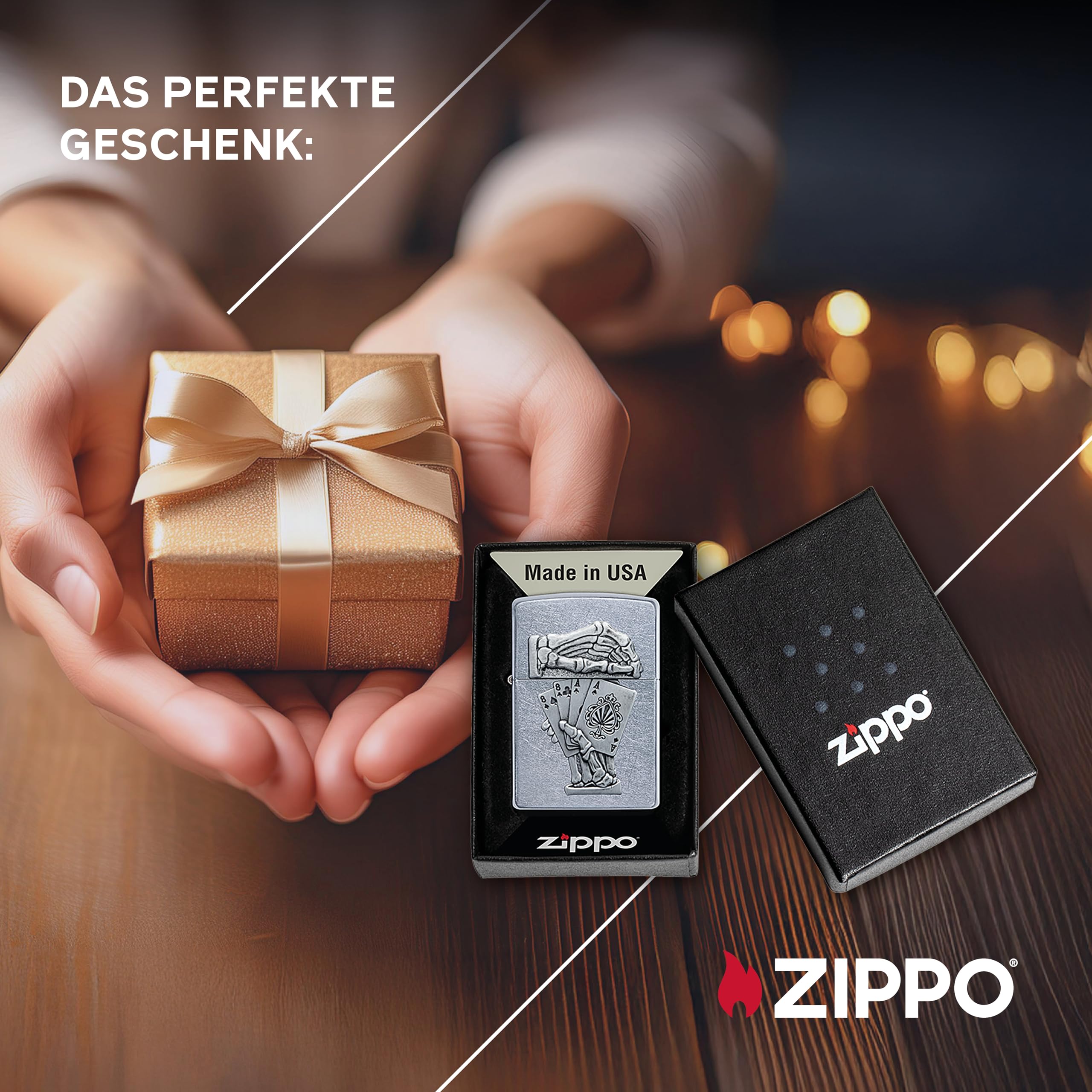 Zippo Sturmfeuerzeug - Dead Mans Hand - Street Chrome Finish mit Emblem - Nachfüllbar - Wiederverwendbar - Windfestes Design - Geschenkbox - Made in USA