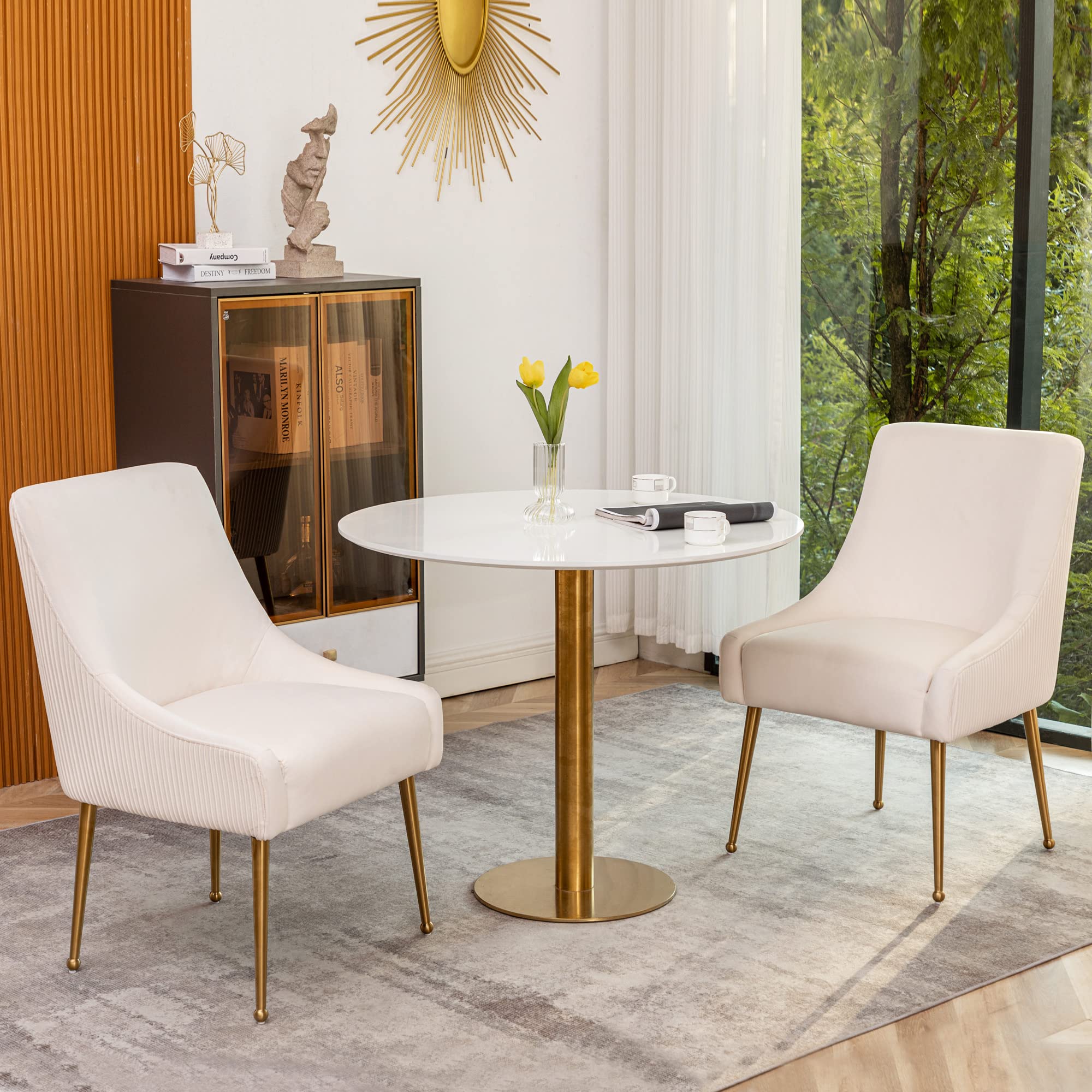 KINWELL Upholstered Dining Chairs Set of 2, Modern Accent Side Chair with  Pleated Back and Pull Handle, Velvet Armchair Desk Chair with Gold Metal