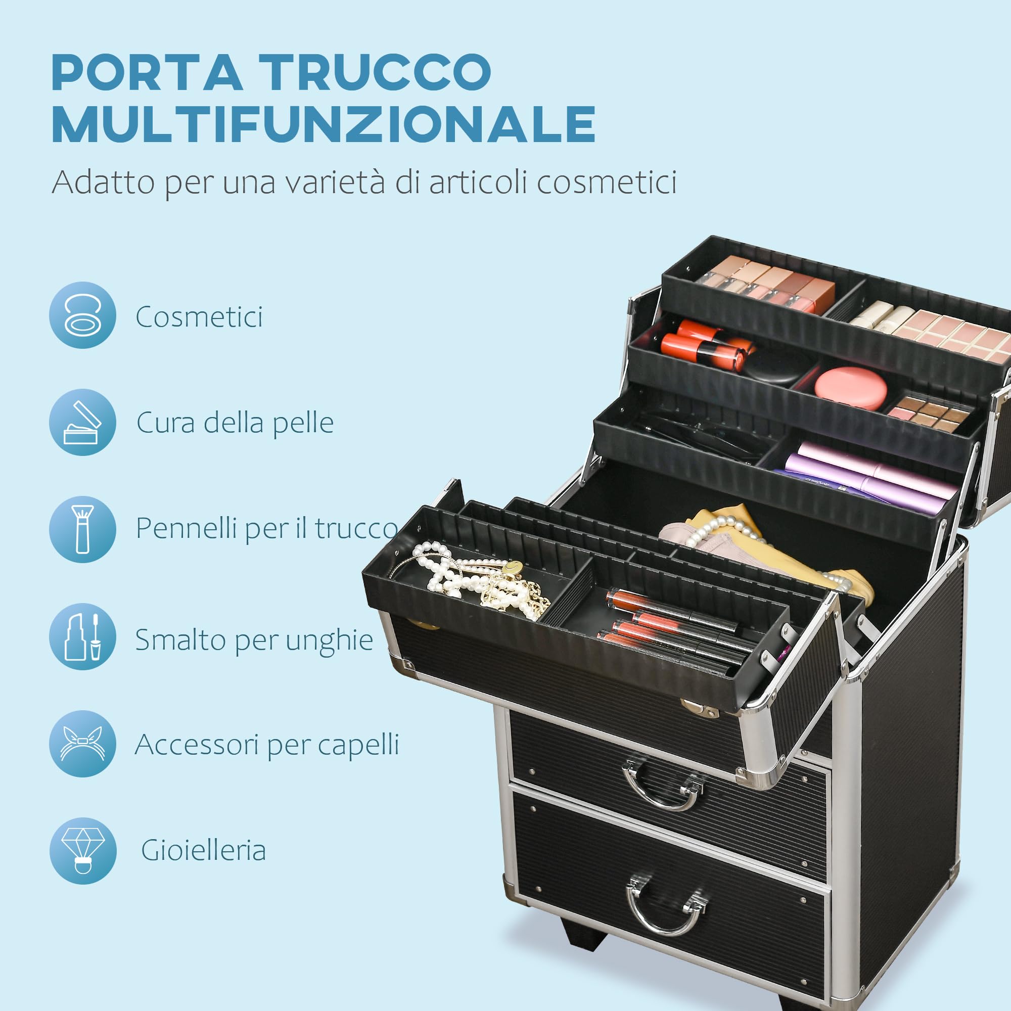 HOMCOM Valigetta Porta Trucchi Professionale, Trolley Make Up Rinforzato in MDF, Alluminio e Acciaio, Blocco con 2 Chiavi e Ruote, 36x23x58 cm, Nero