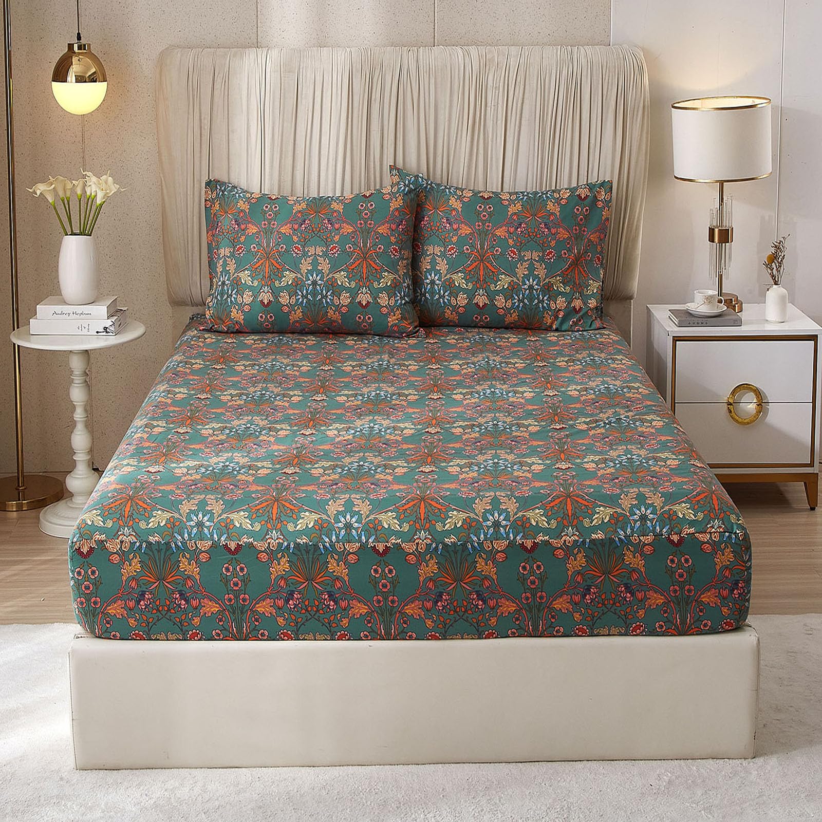 HighBuy Extra Soft Queen Fitted Sheet - Multi Color Floral Print Deep Pocket Fits Up to 15 Inch Mattress - Cottagecore Bedding with Deep Pockets,Soft,Breathable,Wrinkle Resistant