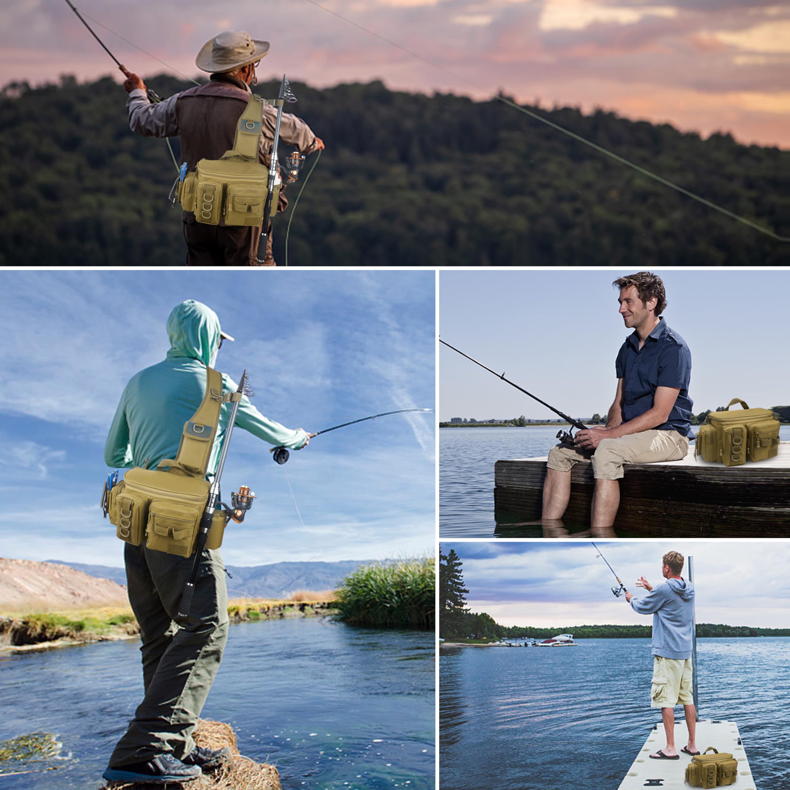 OROOTL Borsa a tracolla da pesca con supporto per canna, zaino da pesca portatile, leggero, impermeabile, borsa a tracolla per attrezzi da pesca, per uomini e donne, regalo