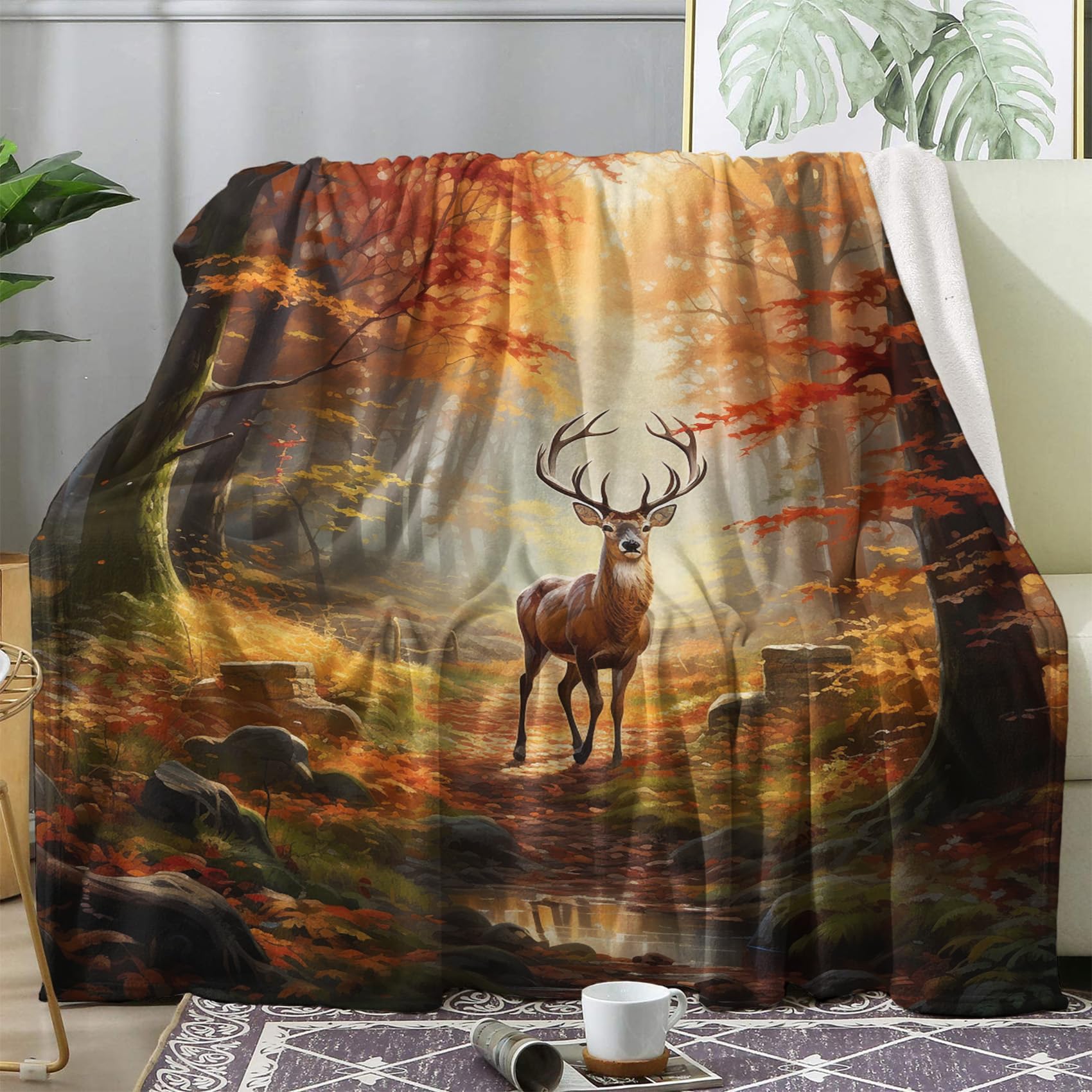 zcwl Deer Blanket King Size, Wildlife Fleece Throw Blanket for Couch Bed Sofa, Forest Animal Patterned Blankets and Throws, Super Soft Cozy Plush