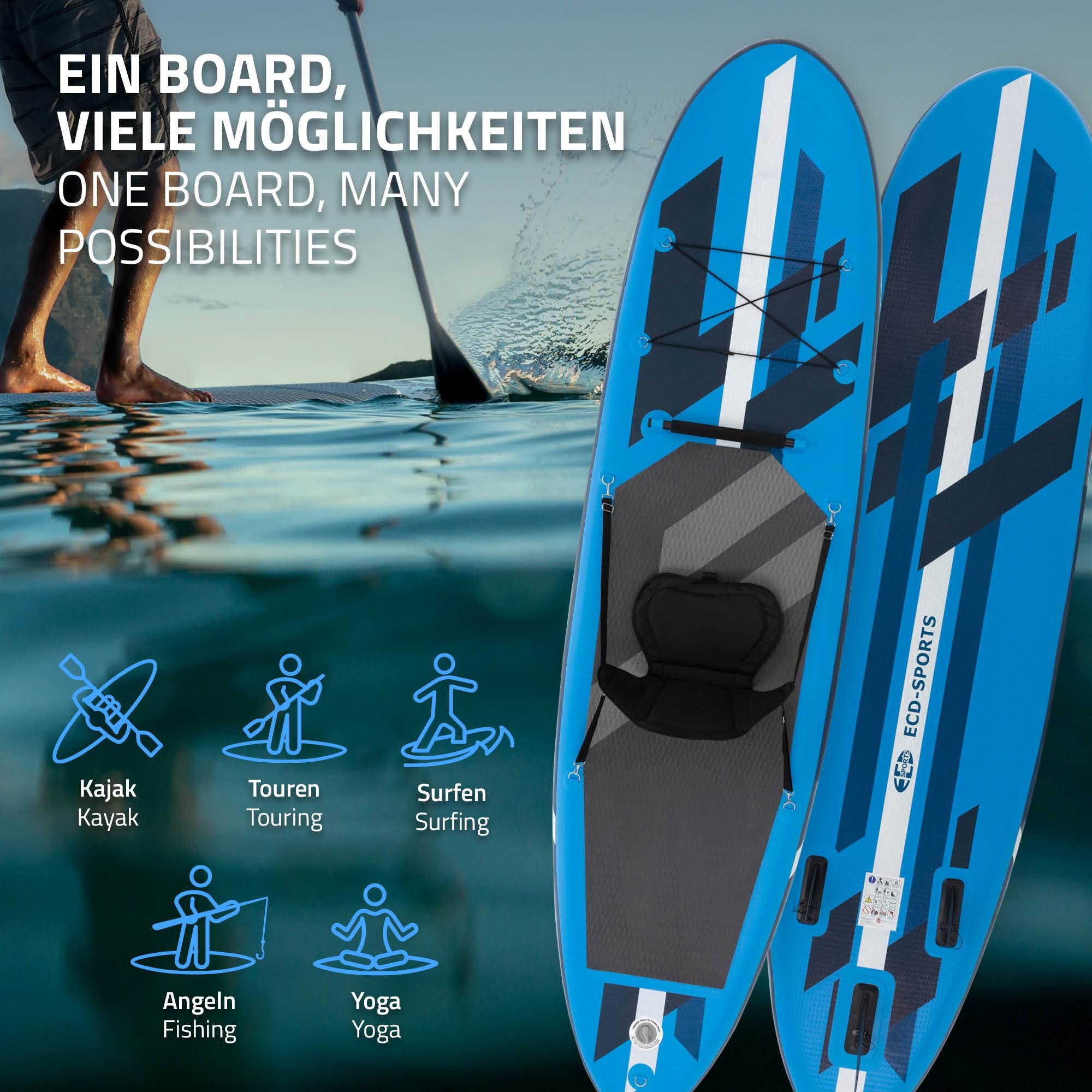 ECD Germany Zestaw nadmuchiwanej deski do wioslowania z siedzeniem do kajaka, niebieski, 305 x 78 x 15 cm, z PVC, wioslo z Alu, kompletne akcesoria, deska SUP z wioslem, deska surfingowa, deska