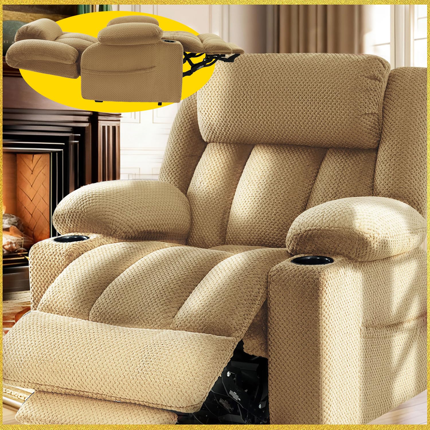 3 Motor Large-Wide Lift Chair, Infinite Position, 180° Lay Flat, Power Lift Chairs Recliners for Elderly Big and Tall, Massage &amp; Heat, Extended Footrest, Soft Plush Flannel (Beige)