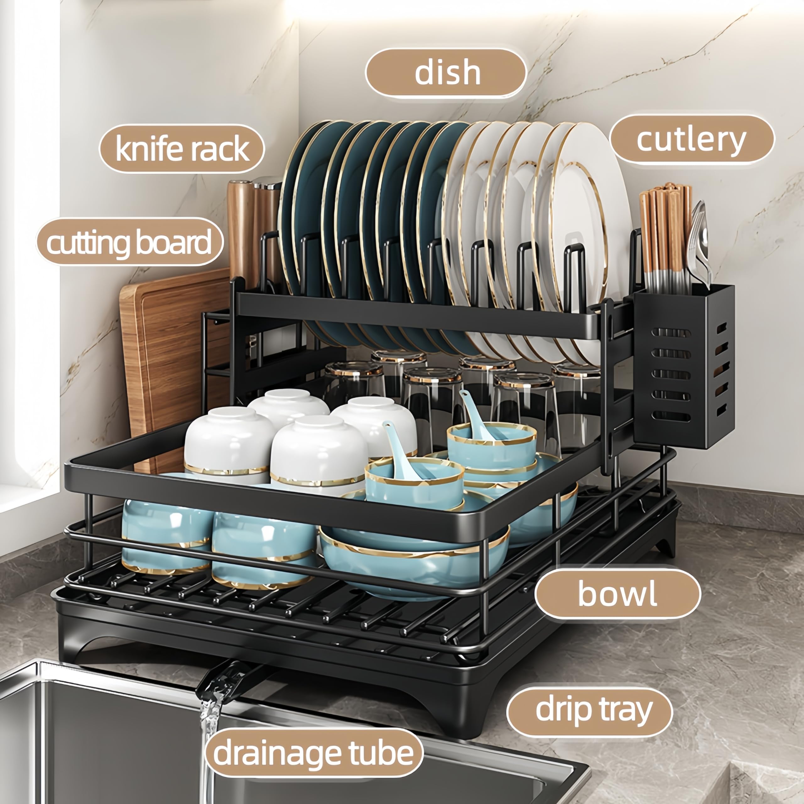 scolapiatti a 2 livelli, scolapiatti con scolapiatti con scolapiatti, supporto per scolapiatti da cucina, supporto per lavello in acciaio inox con utensili e tagliere, nero