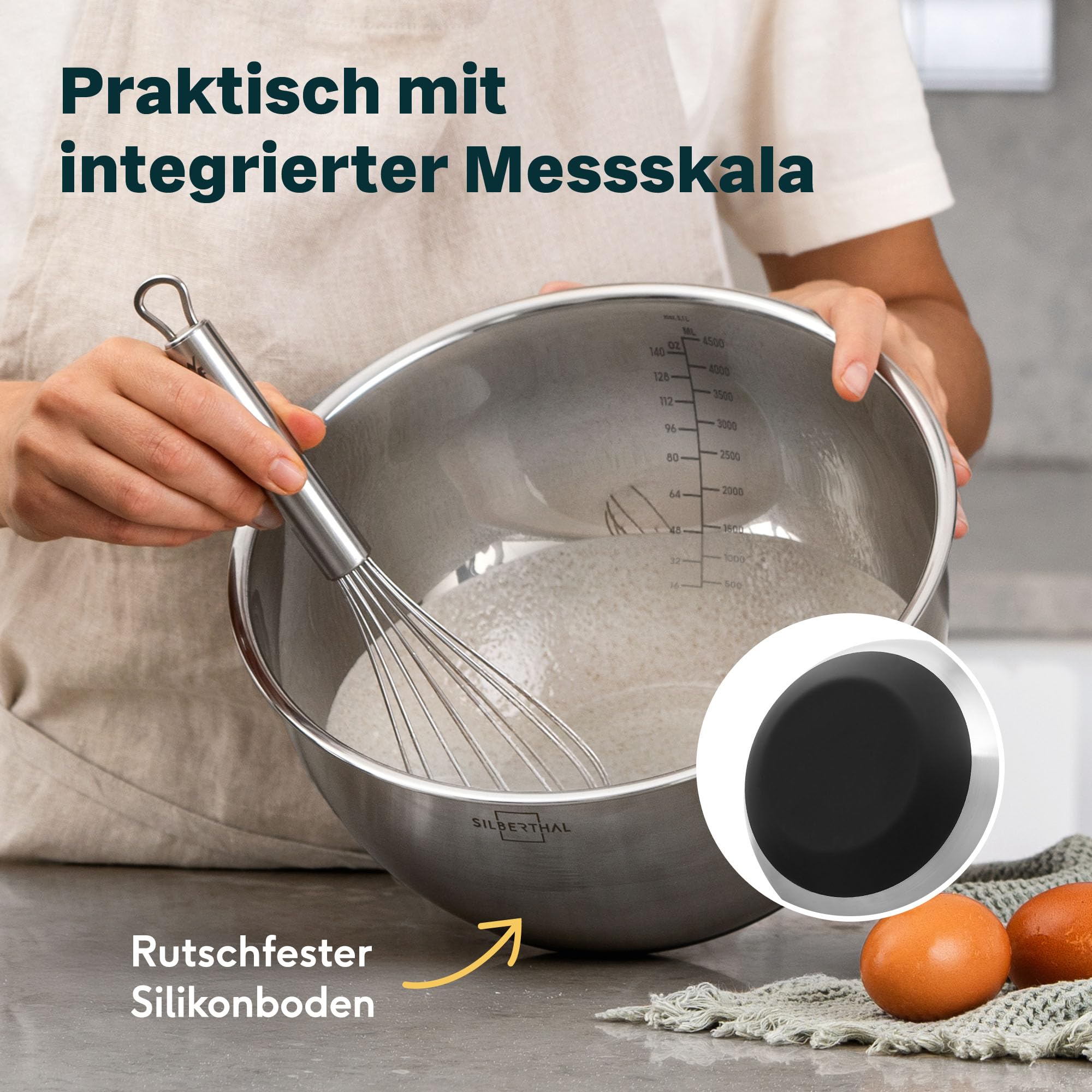 SILBERTHAL Edelstahl Schüssel 5er Set mit Deckel - Rührschüsseln zum Servieren, Kochen, Backen, Aufbewahren - Rutschfester Boden - 5 Stück