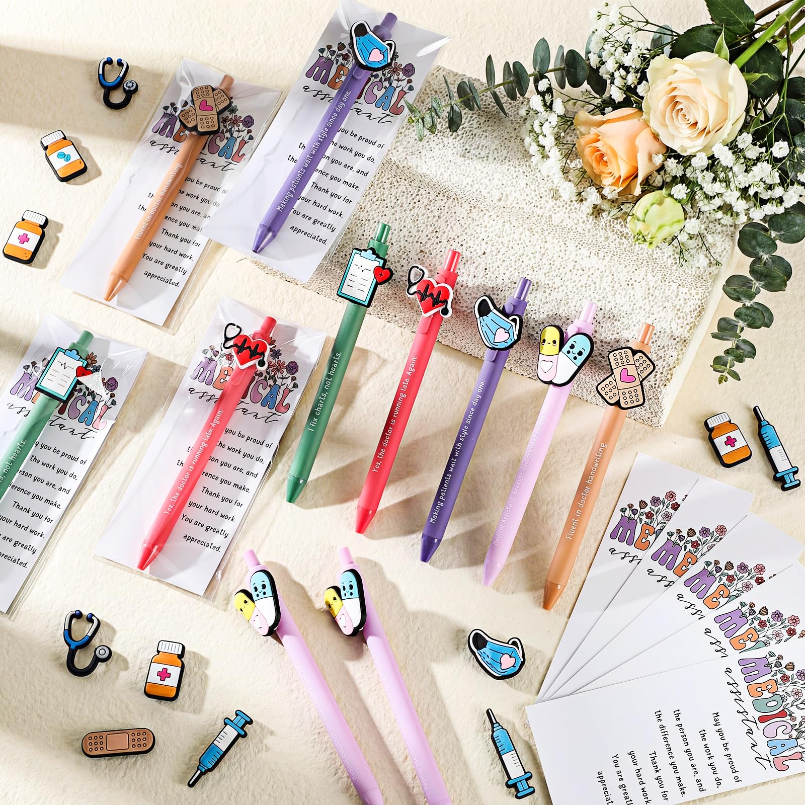 Gersoniel 12 Sets Medical Assistant Gifts Funny Ballpoint Pens with Thank You Cards for Medical Assistant Week Appreciation Party Favors 5 Styles Office Accessories Essentials