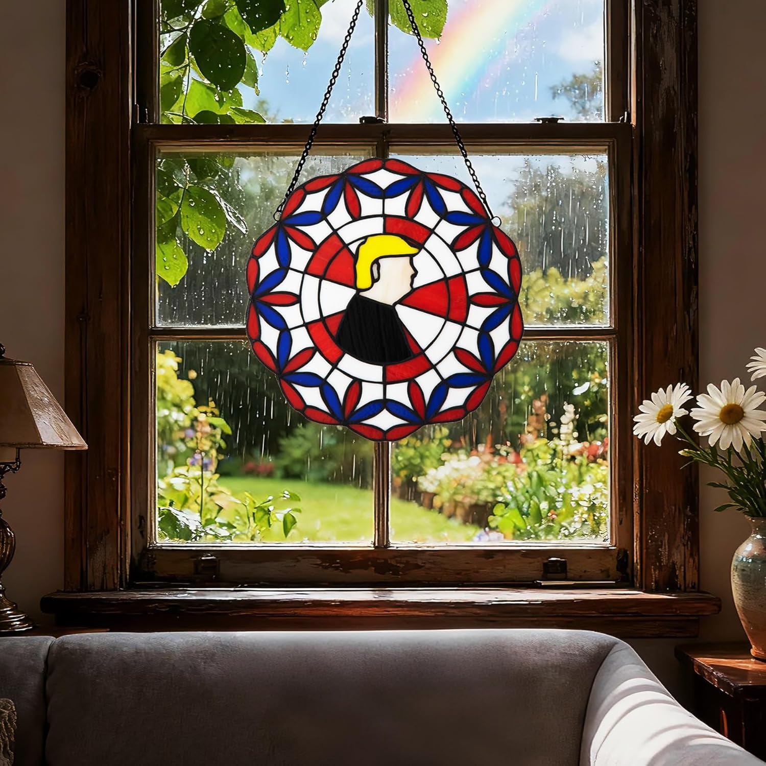 SW Tiffany Style 12" Round Stained Glass Window Hanging Suncatcher Panel, Donald Trump Profile Red White Blue Floral Pattern, USA Decorative Gift for Housewarming National Day Xmas New Year