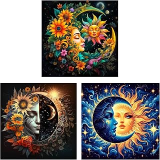 Axquilon 3 Packs Sun and Moon Paint by Numbers Kit for Adults, DIY Watercolor Oil Painting by Numbers Kit, Easy Acrylic Adults Paint by Numbers Kit for Home Wall Decor 12x12in