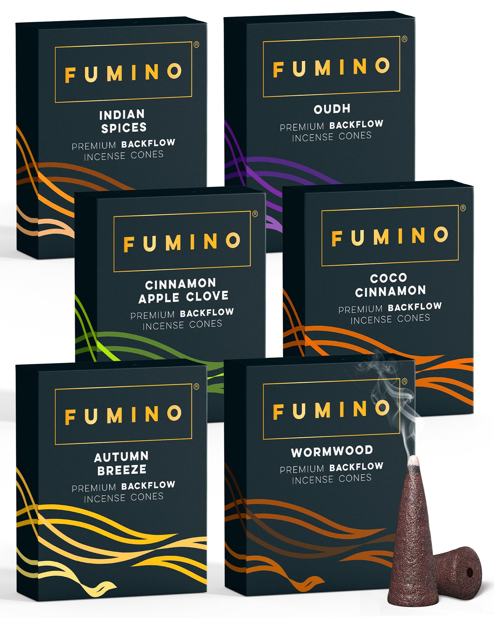 Fumino Black Backflow Incense Cones Fresh Multipack Fireside & Frost Bundle 6 Boxes 90 Pieces Masala Agarbatti Joss Fragrance For Relaxation And Meditation, Home And House Decor Scent