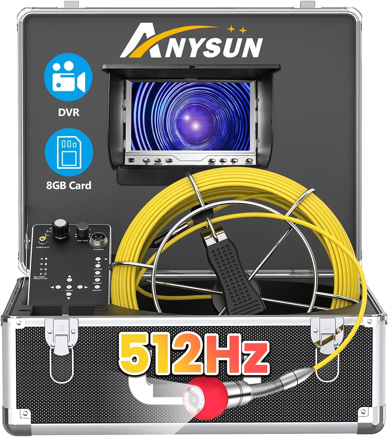 Sewer Camera 165ft with 512Hz Sonde Transmitter, Plumbing Camera Snake with DVR Recorder, Inspection Cam with 7" LCD Monitor with Fiber Optic Cable Wire (8 GB SD Card Included)