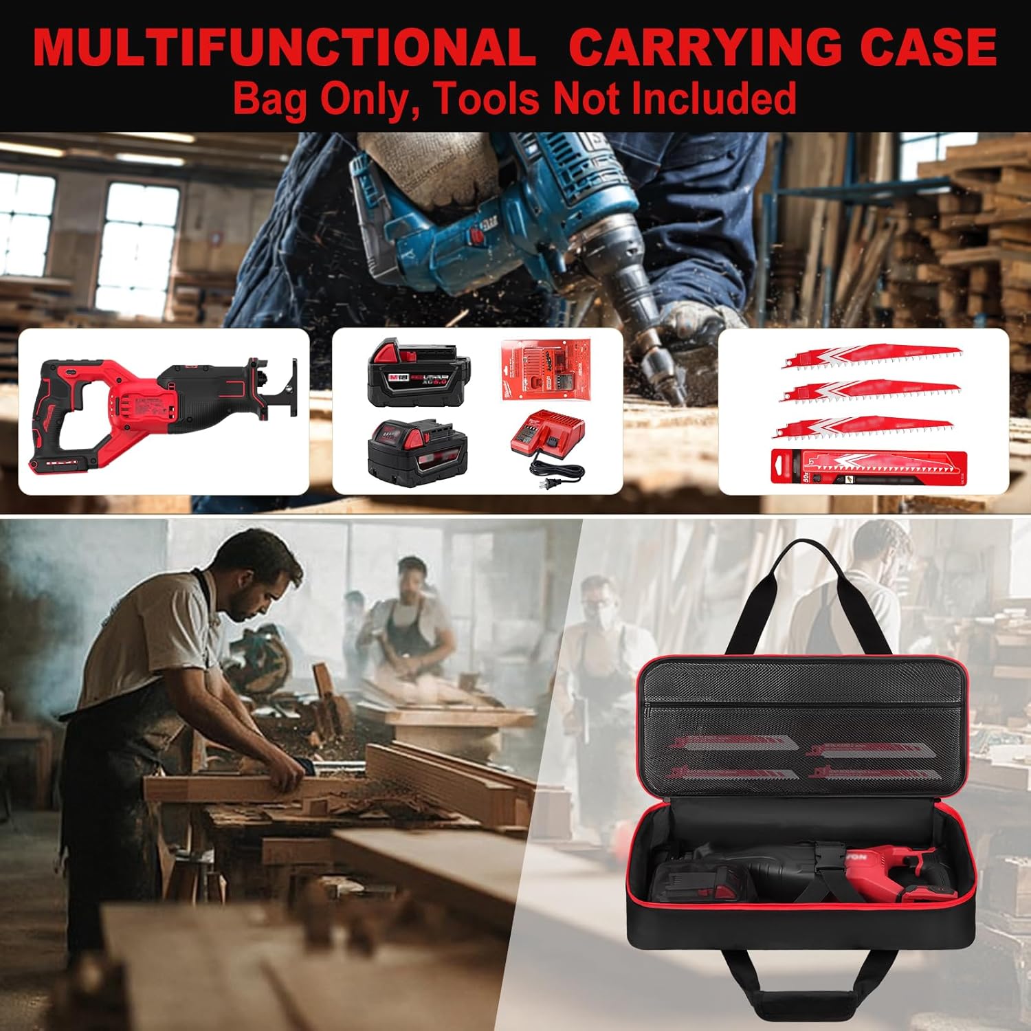 Carrying Case Compatible with Milwaukee M18 2821-20/2621-20/2722-20 Reciprocating Saw and DEWALT 20V/60V DCS380B/DCS382B/DCS389B, ​​with Multiple Accessory Pockets for RYOBI PCL515B Reciprocating Saw