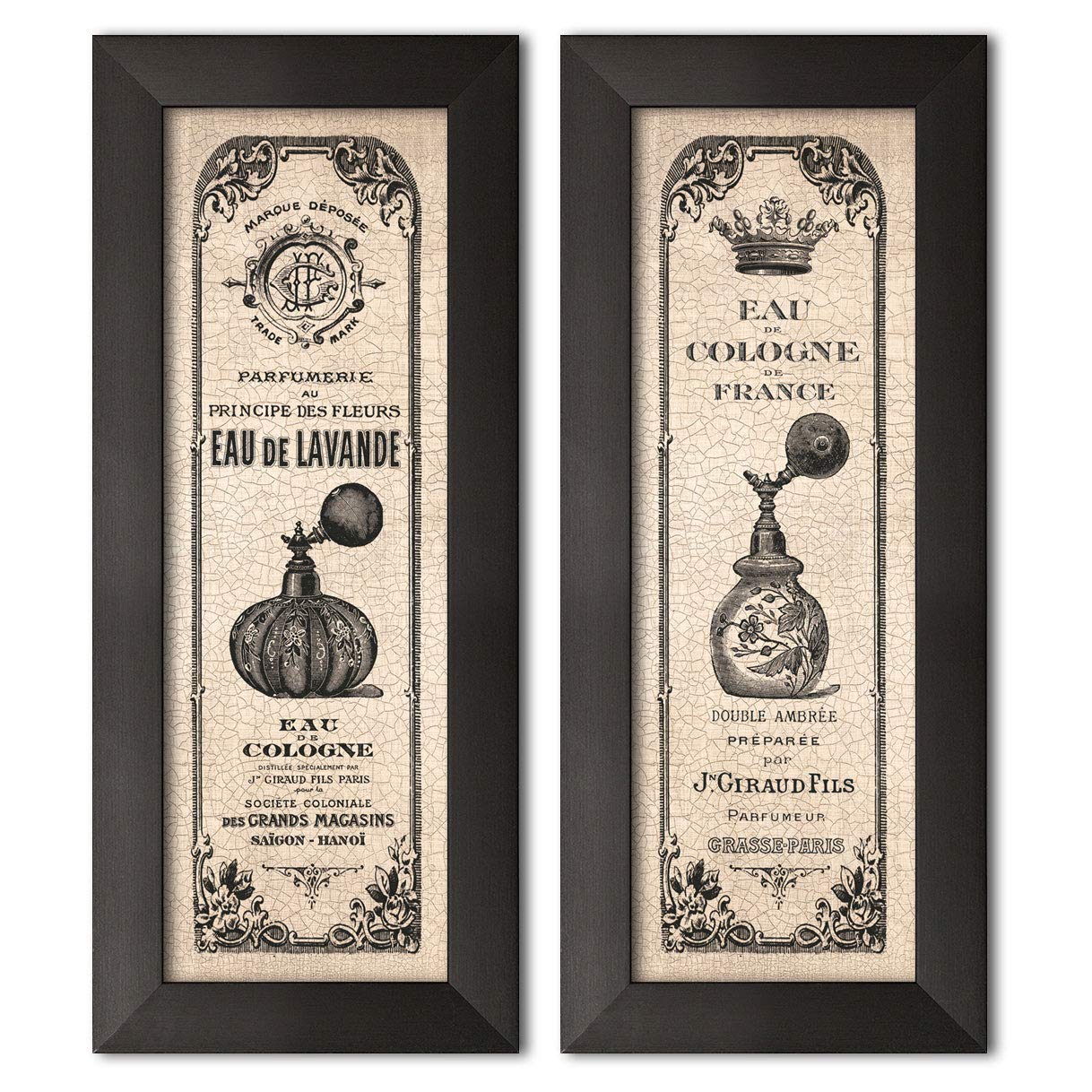 2 Vintage French Perfume Cologne Bottle Hotel Panels Bed and Bath D cor Two framed 6x18in Prints Ready