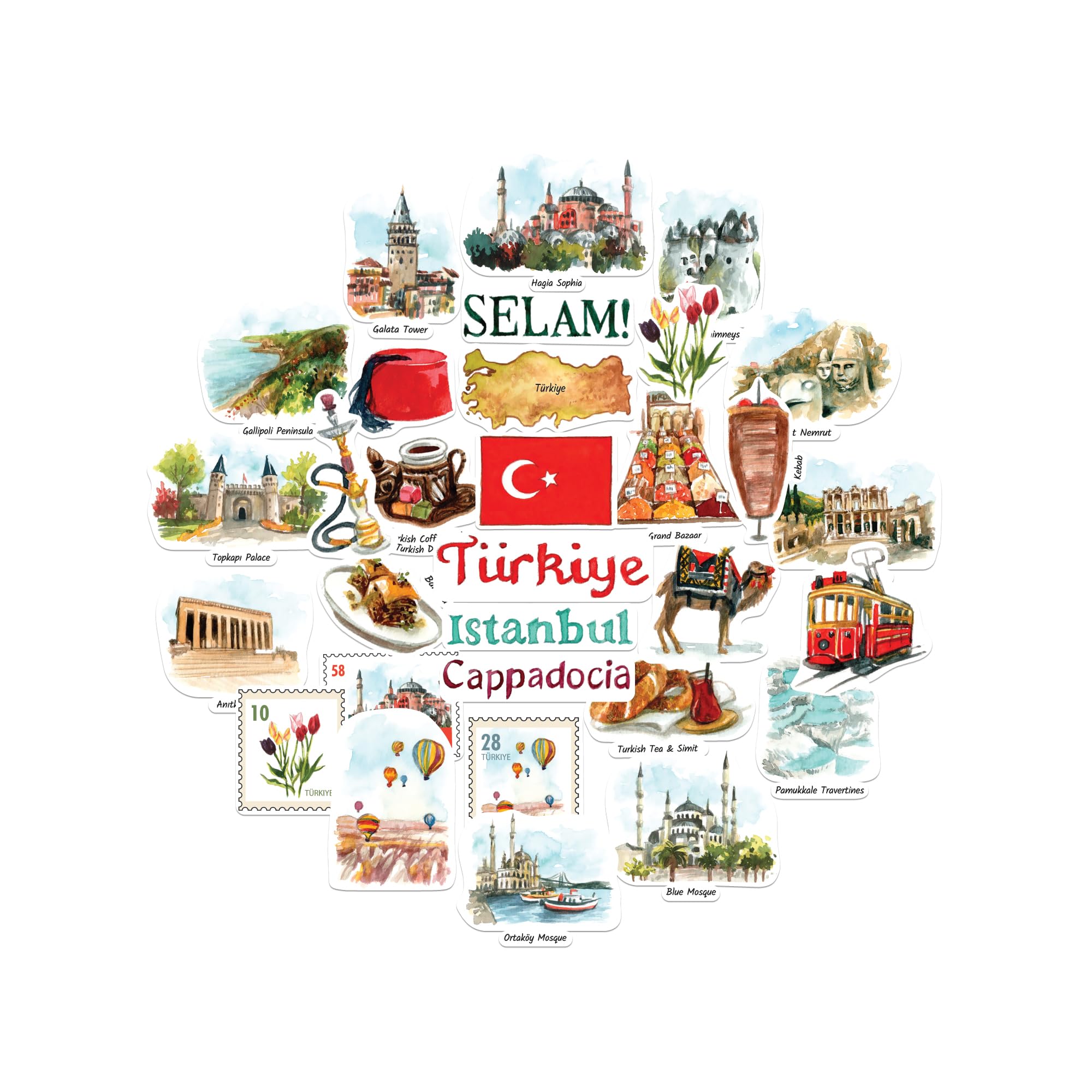 Navy Peony Multicolor Tantalizing Türkiye Statement Stickers - Hand-Illustrated Watercolour, Glossy, Waterproof - For Suitcases, Laptops, Water Bottles (31-Piece Set)