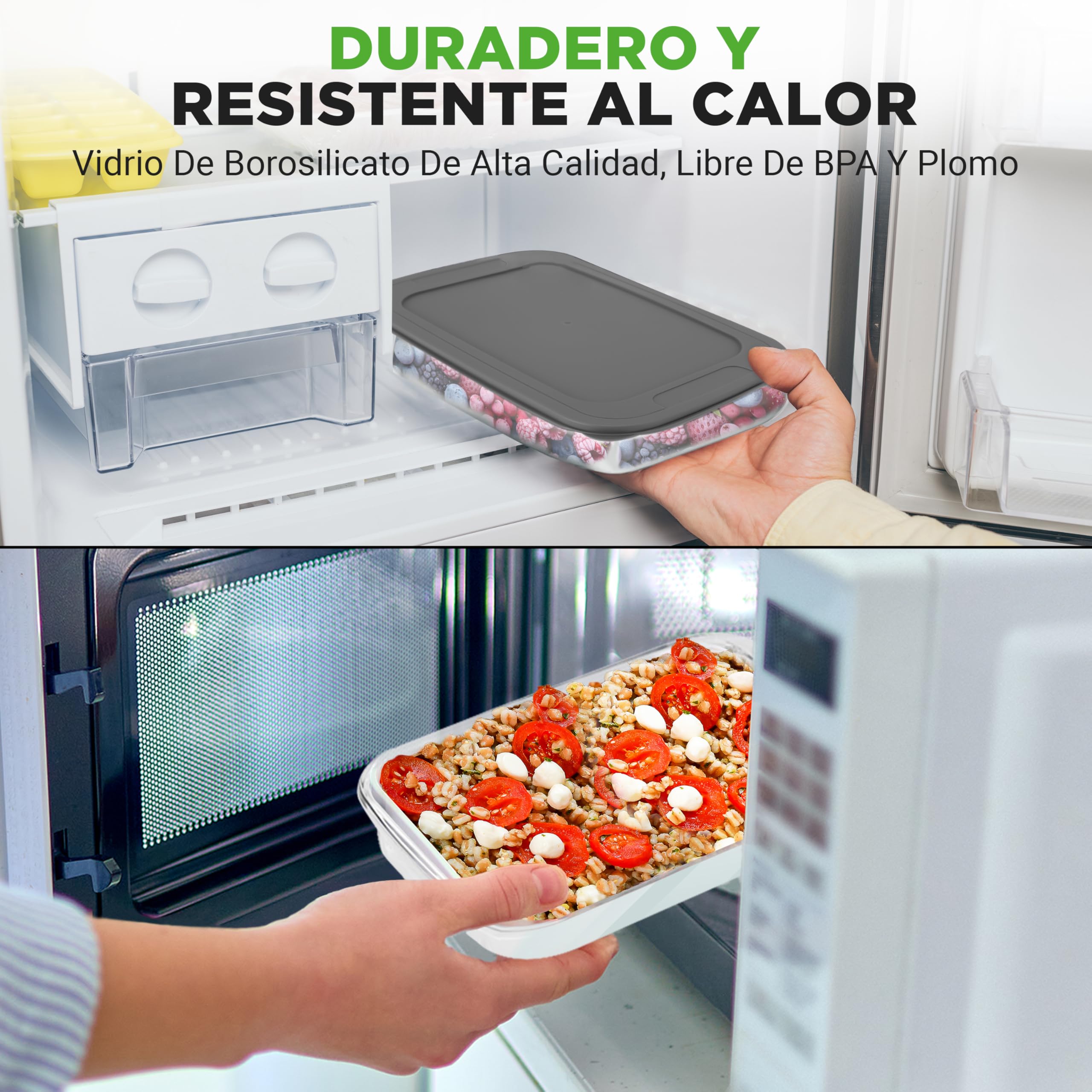 NutriChef fuentes refractarias rectangulares de cristal con tapa, Bandejas de horno apilables para lasaña y cazuela, Para microondas, Lavavajillas, Nevera y congelador, 8 piezas