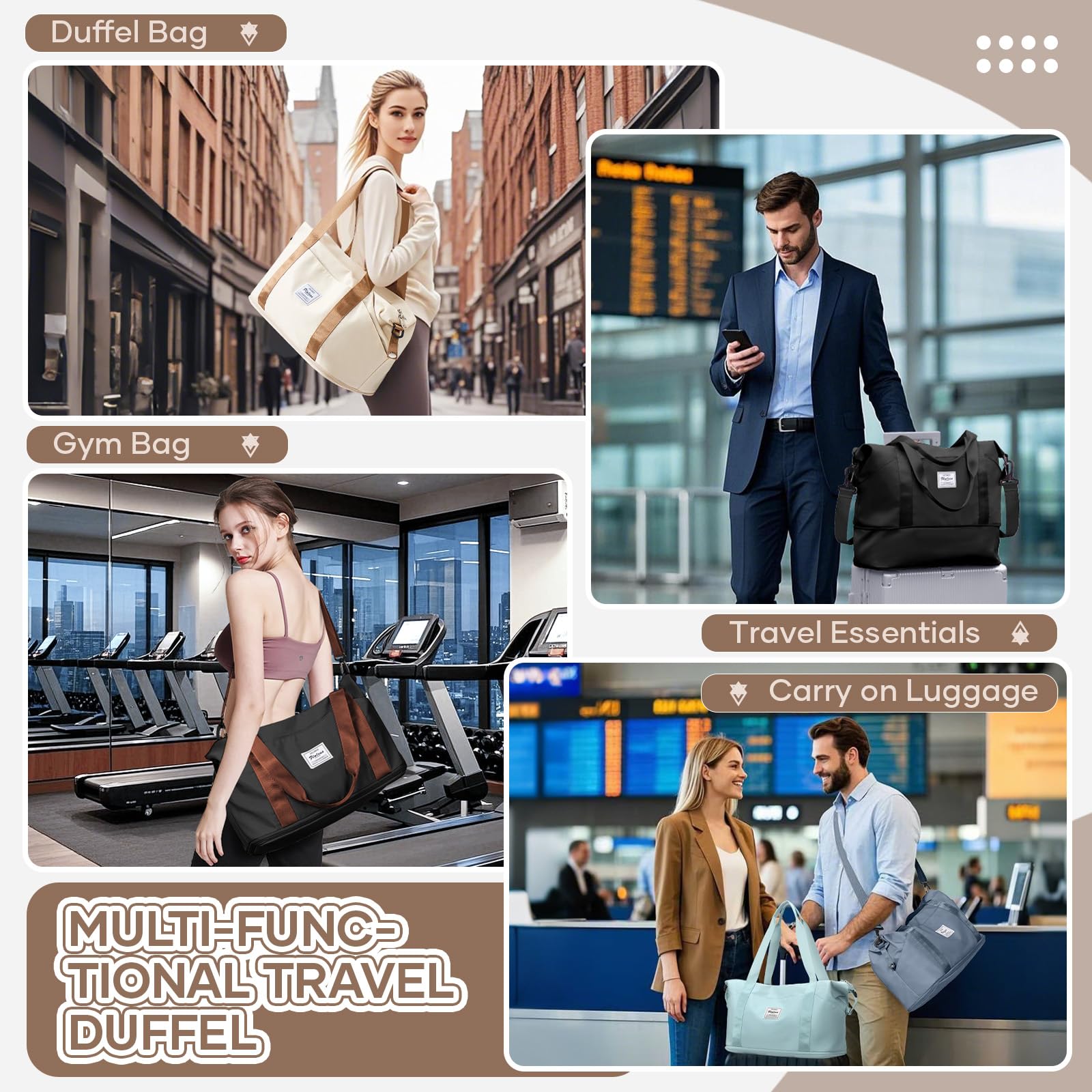 SEAFEW Bolsa de Viaje 40x20x25 para Ryanair,Bolsa de Mano Equipaje de Fin de Semana 40x30x20 para Mujer,Impermeable Bolsa de Deporte para Gimnasio,Bolso de Natación para Playa,A4-Negro-Marrón