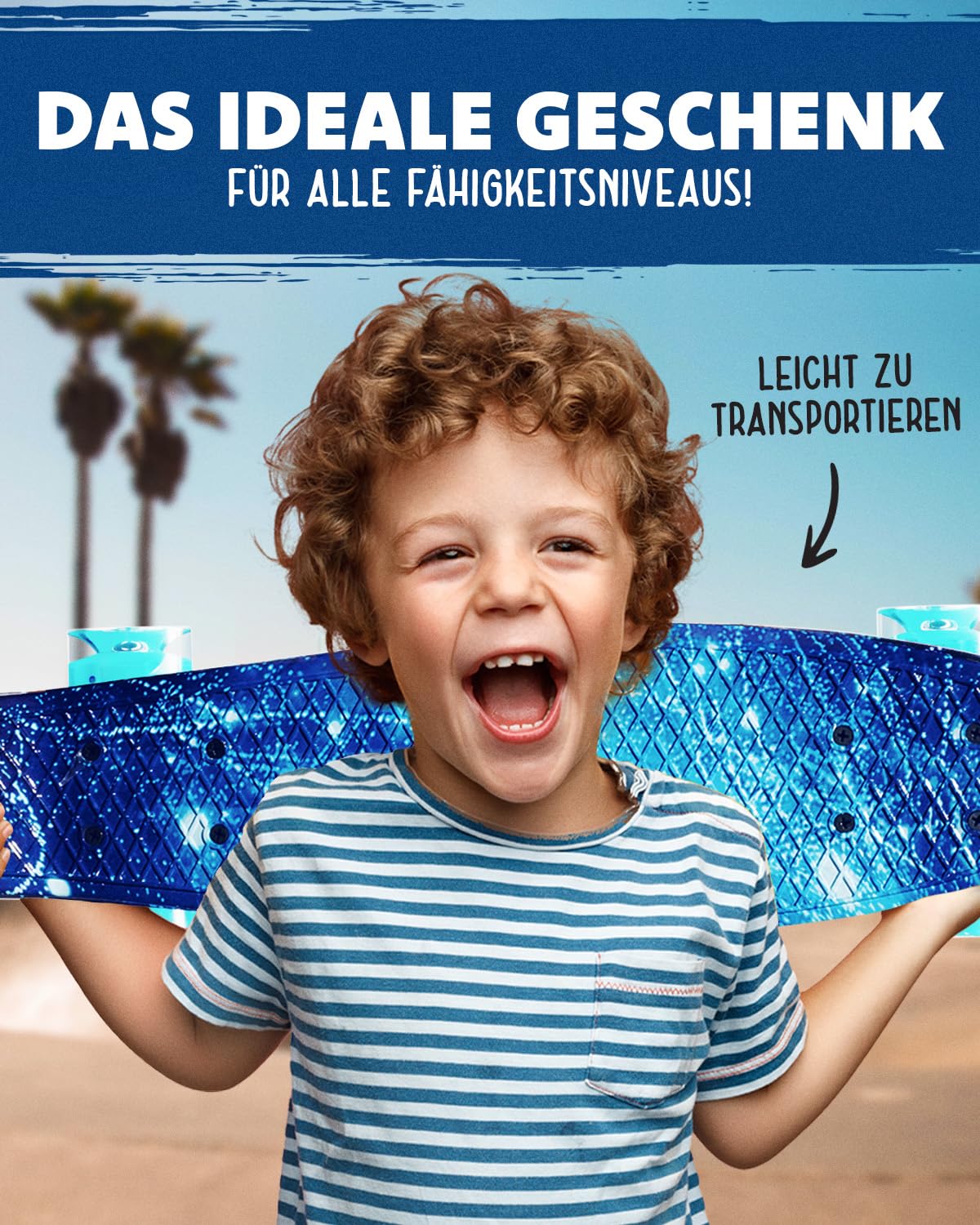 Deleven Skateboard mit LED Rollen, Skate Tool und ABEC 7 Lager - Kinder Erwachsene Anfänger - 56 cm