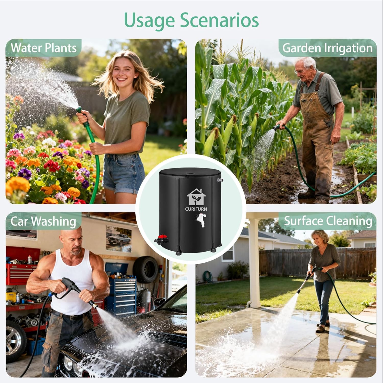 53 Gallon Rain Water Barrel, Portable Rainwater Collect System Water Storage Tank Collapsible Rain Barrel with Filter, Spigot & Overflow Kit (Reinforced Liner+Thickened Legs) - Black