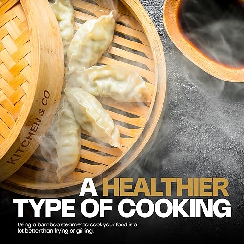 Miniatura 6 de KITCHEN & CO Vaporizador de bambú de 10 pulgadas, juego completo de 2 niveles de cesta de vapor de bambú, 2 palillos, 1 rodillo, plato de cerámica y
