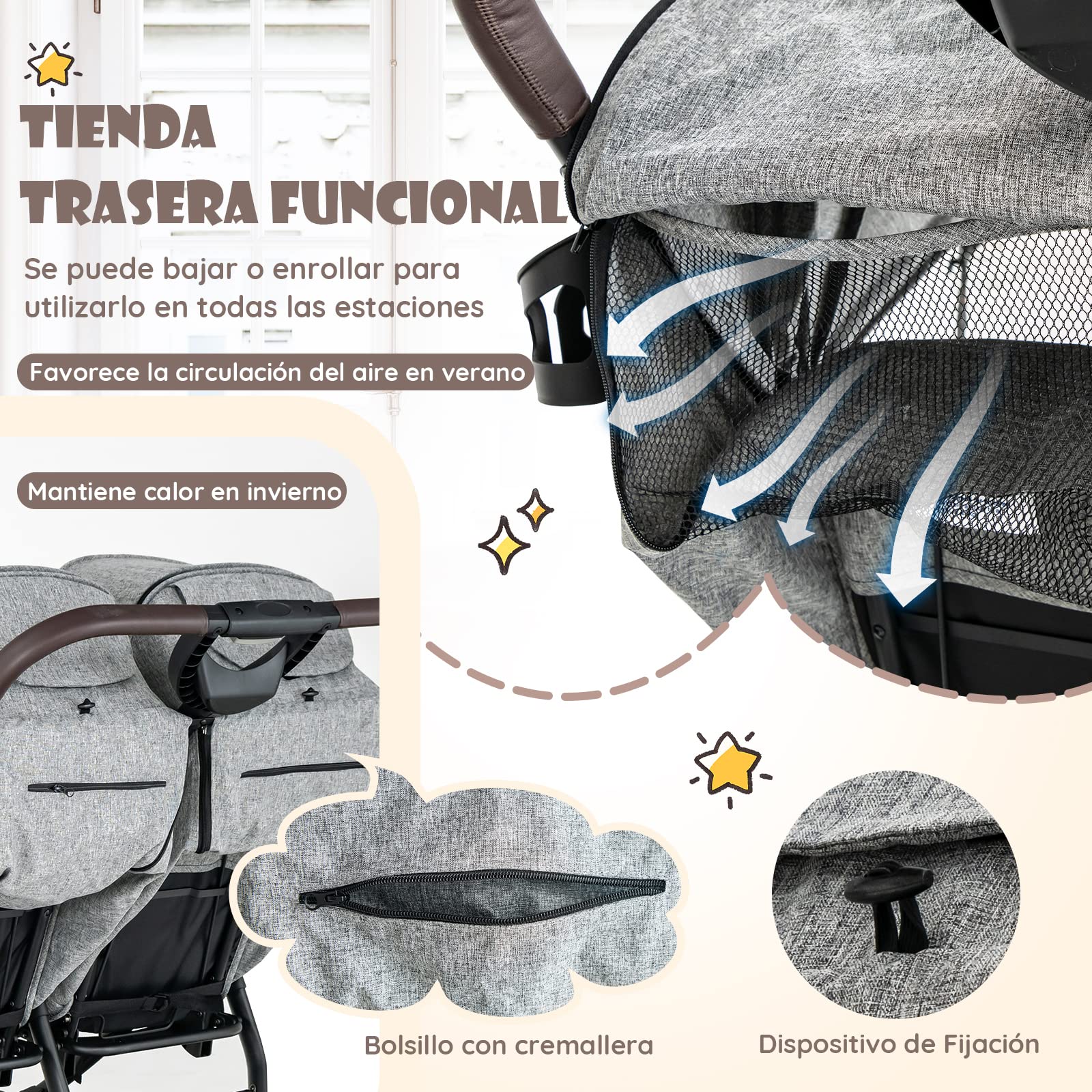 COSTWAY Carrito Gemelar Bebe, Silla de Paseo Gemelar hasta 22 kg, Doble Cochecito de Bebé Plegable, Cochecito Infantil con Reclinación Individual, Respaldo Ajustable, Reposapiés & Toldo (Gris Claro)