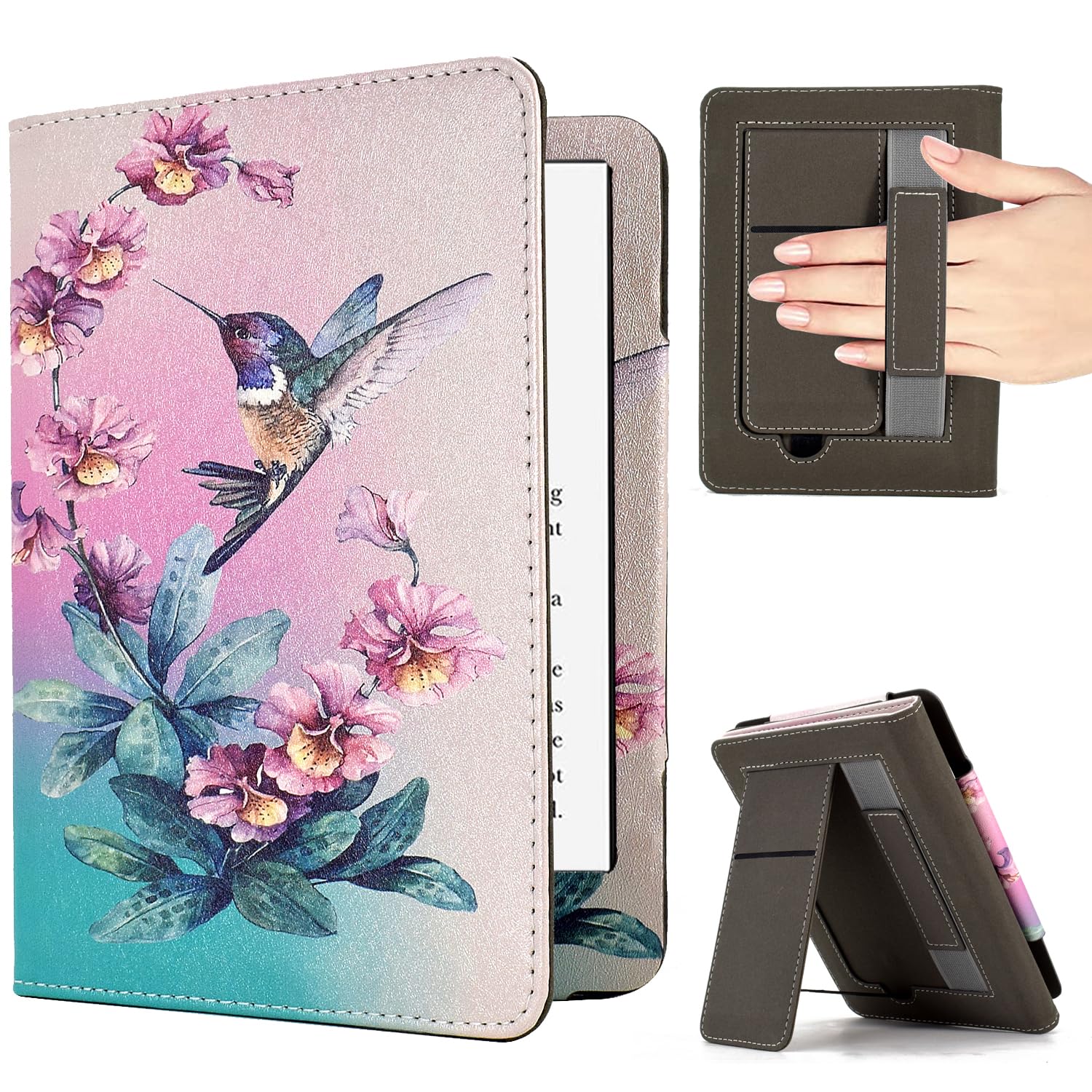 KEROM Case for 6.8" Kindle Paperwhite (11th Generation, 2021) and Signature Edition, Premium PU Leather Stand Cover Case with Hand Strap, Card Slot, and Auto Sleep Wake, Hummingbird