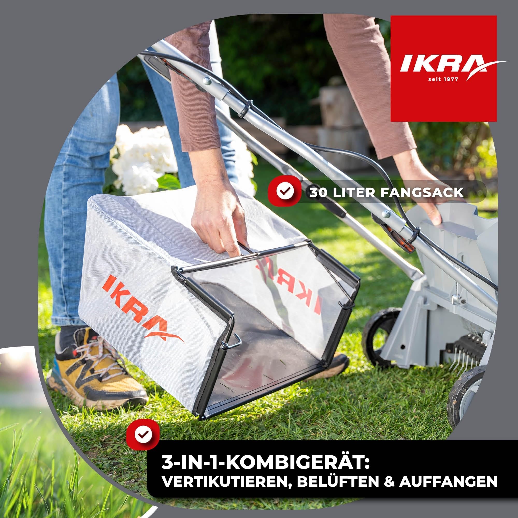 IKRA Akku Vertikutierer Rasenlüfter 3in1 IAVL 2-2032, Arbeitsbreite 32cm | Inkl. 2x Akku 20V 2,0Ah & Schnelllader, Fangkorb 30l, +3 bis -9mm, werkzeugloser Walzenwechsel, 20V-Akku-Familie von IKRA