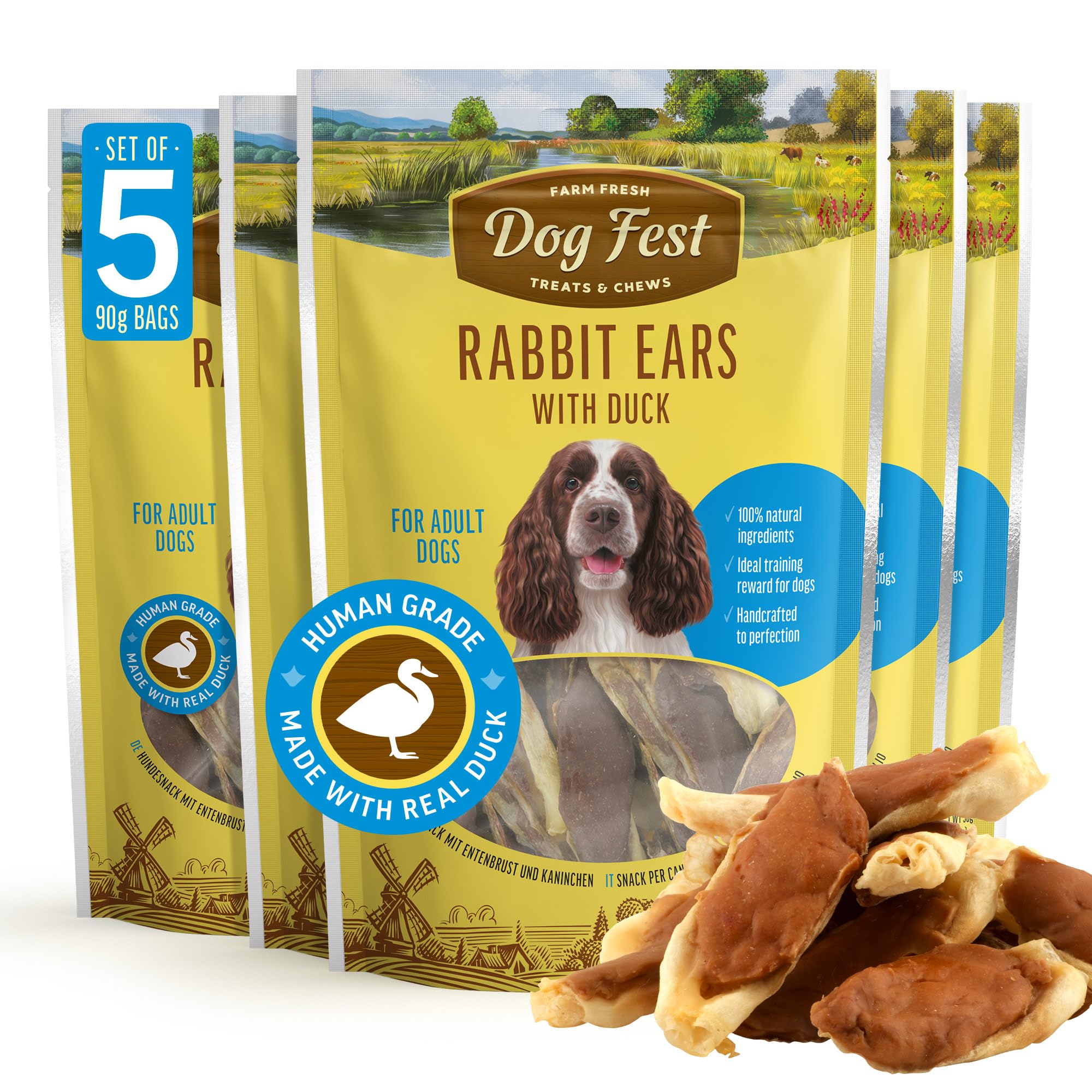 Dog Fest Rabbit Ears with Duck - High-Protein Dog Treats with 100% Natural Ingredients, for Adult Breeds, 90 g (Pack of 5)