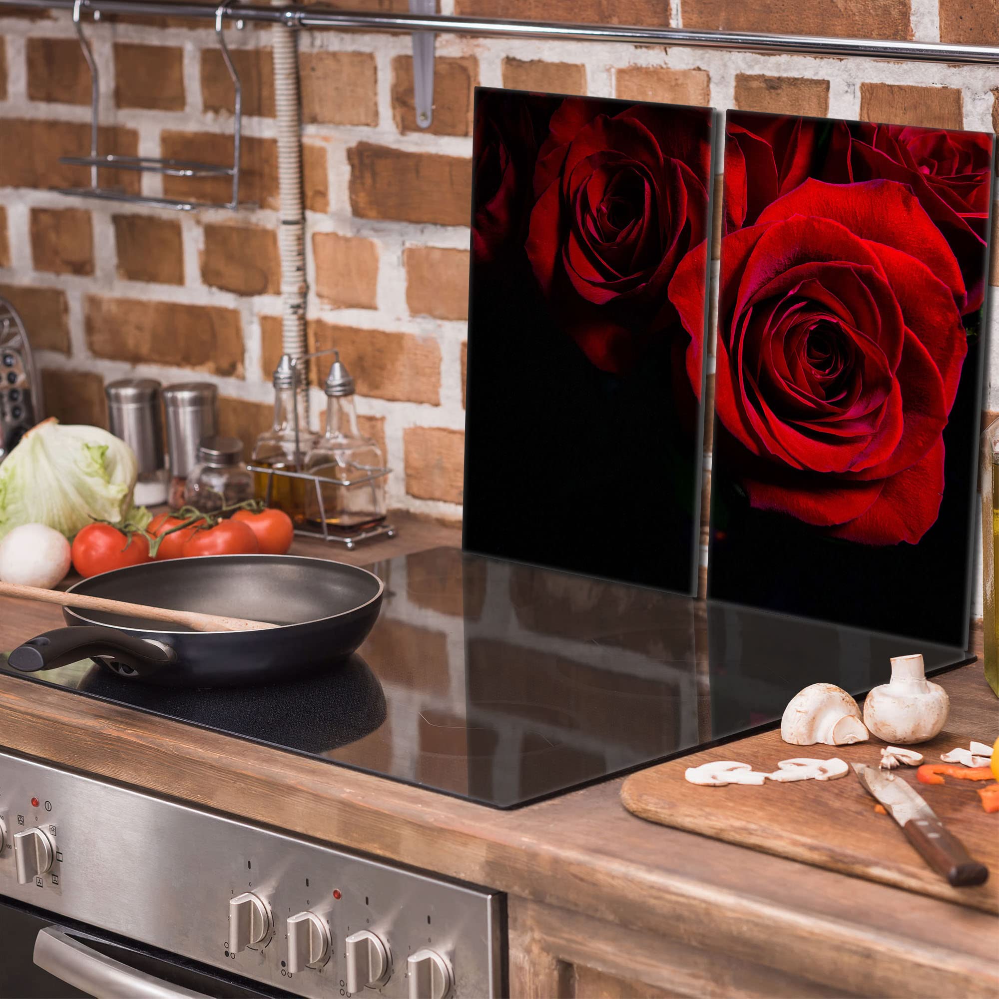 Tabla de cortar decorativa de cristal templado y cubre vitro, Placa protectora de vitrocerámica 30 x 52 cm 2 piezas, para inducción, protección contra salpicaduras, decoración, ROSA